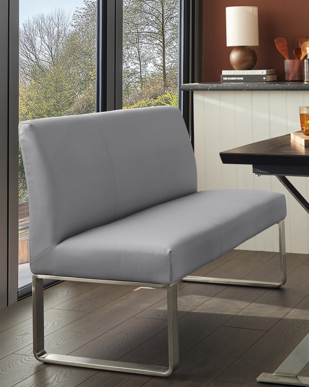Loop 3 Seater Grey Faux Leather & Stainless Steel Dining Bench With Backrest