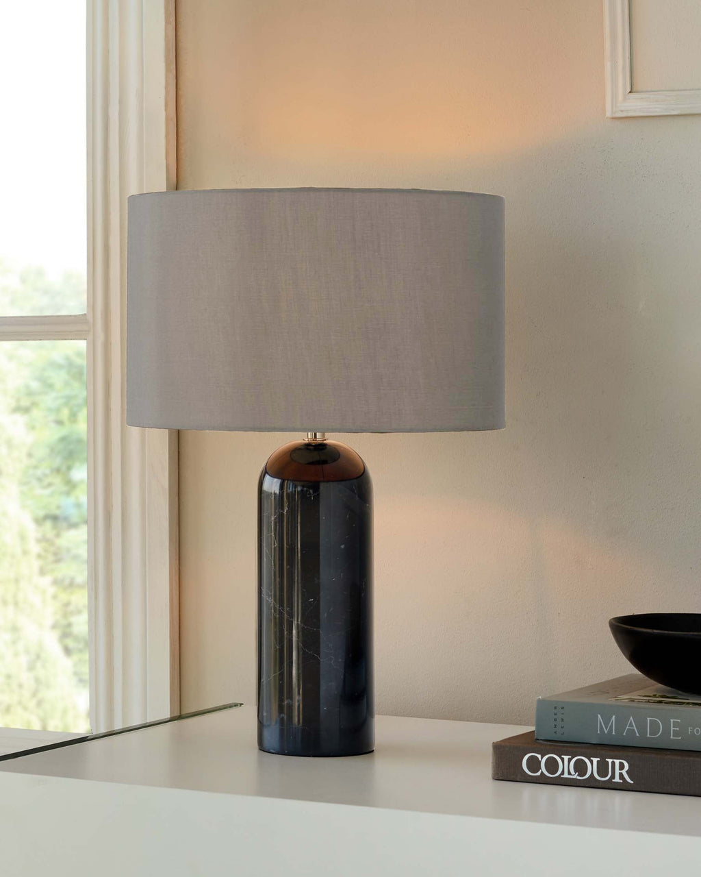Louis Black Marble Shaded Table Lamp With Light Grey Shade