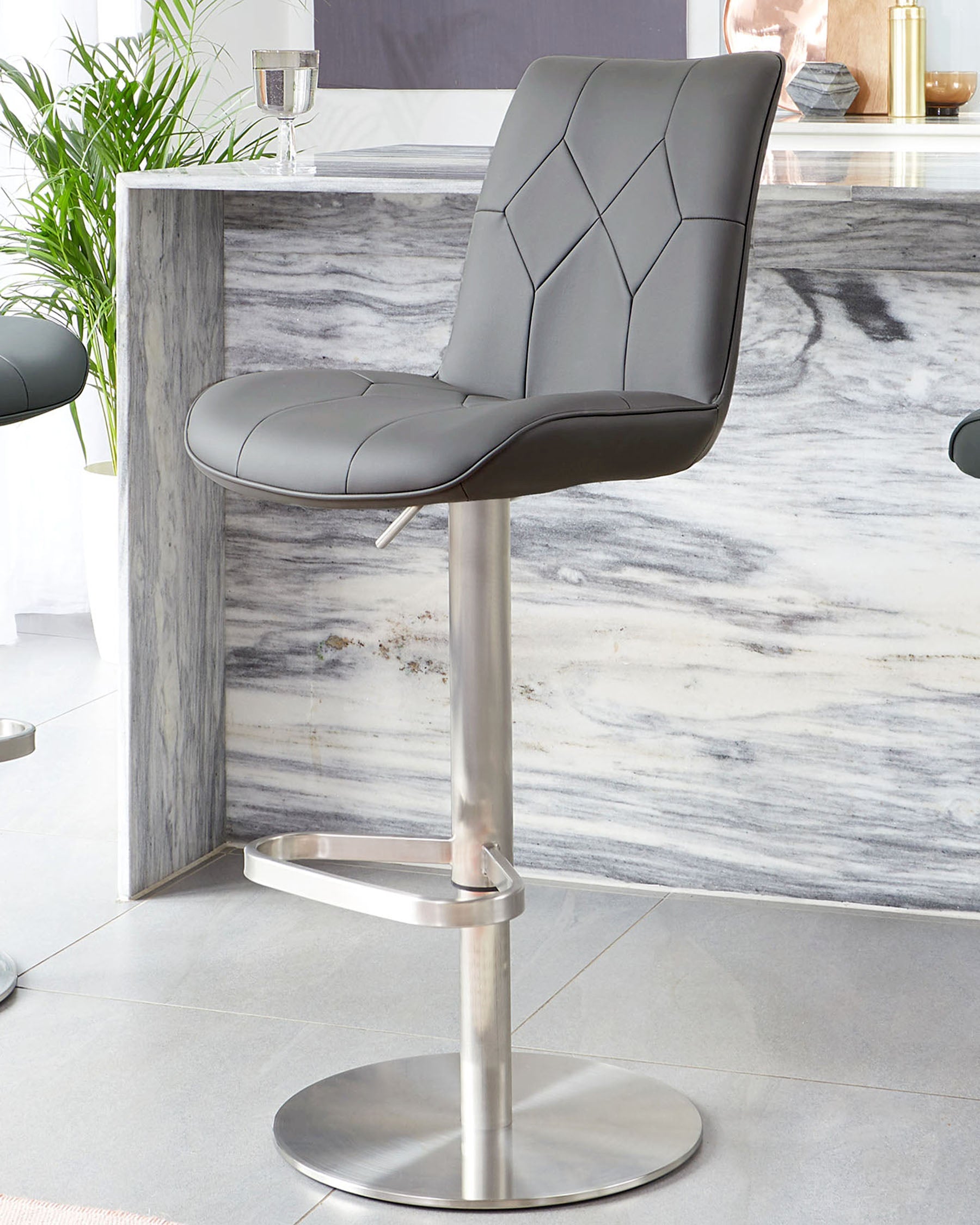 Lumos Dark Grey Faux Leather Stainless Steel Gas Lift Bar Stool