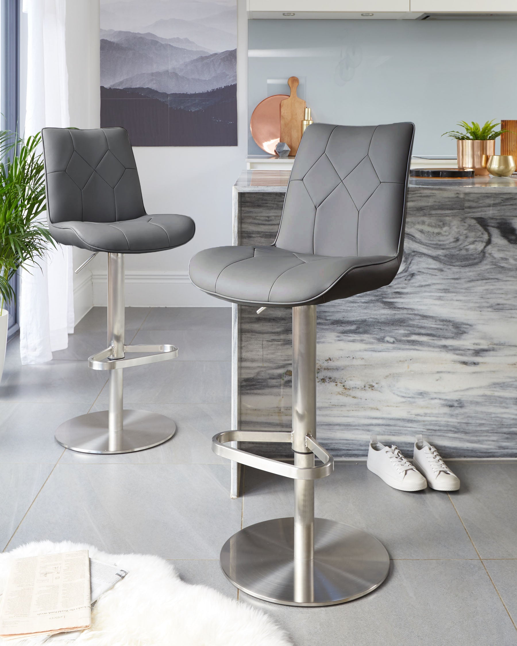 Lumos Dark Grey Faux Leather Stainless Steel Gas Lift Bar Stool