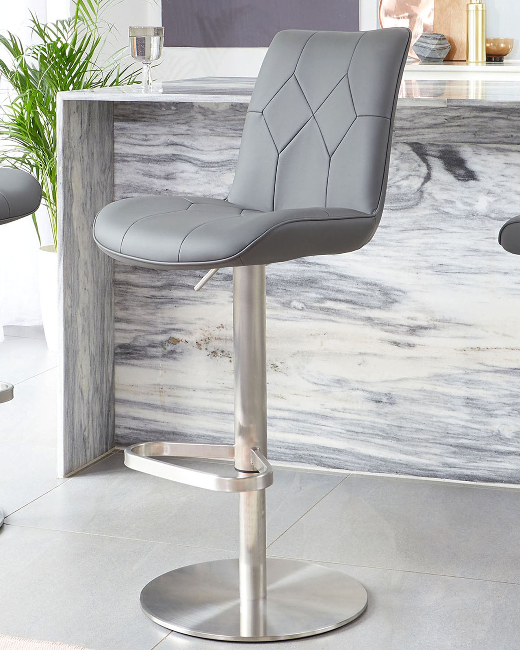 Lumos Mid Grey Faux Leather Stainless Steel Gas Lift Bar Stool