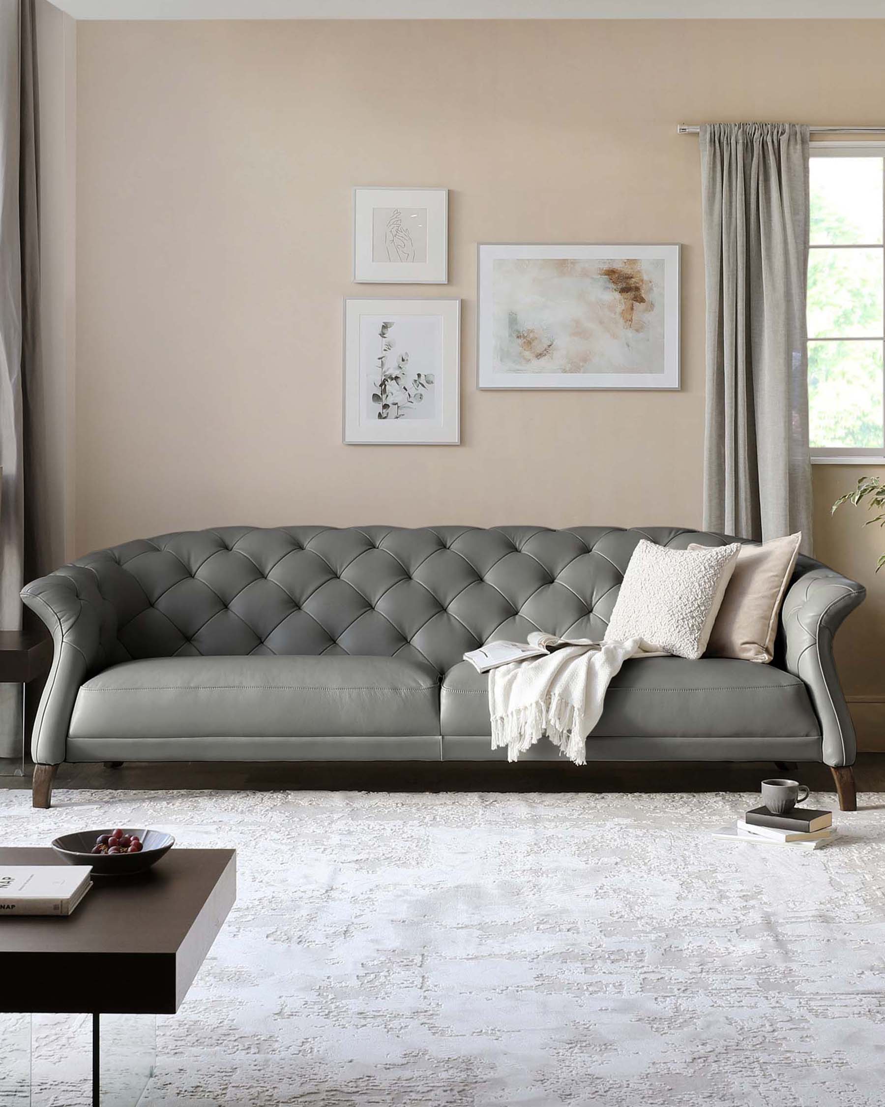 Luxe Modern Dark Grey Leather Large 3 Seater Sofa