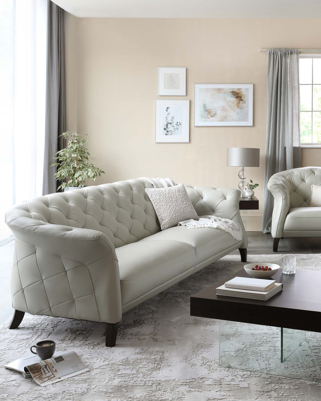 Luxe Natural Grey Leather 2 Seater Sofa