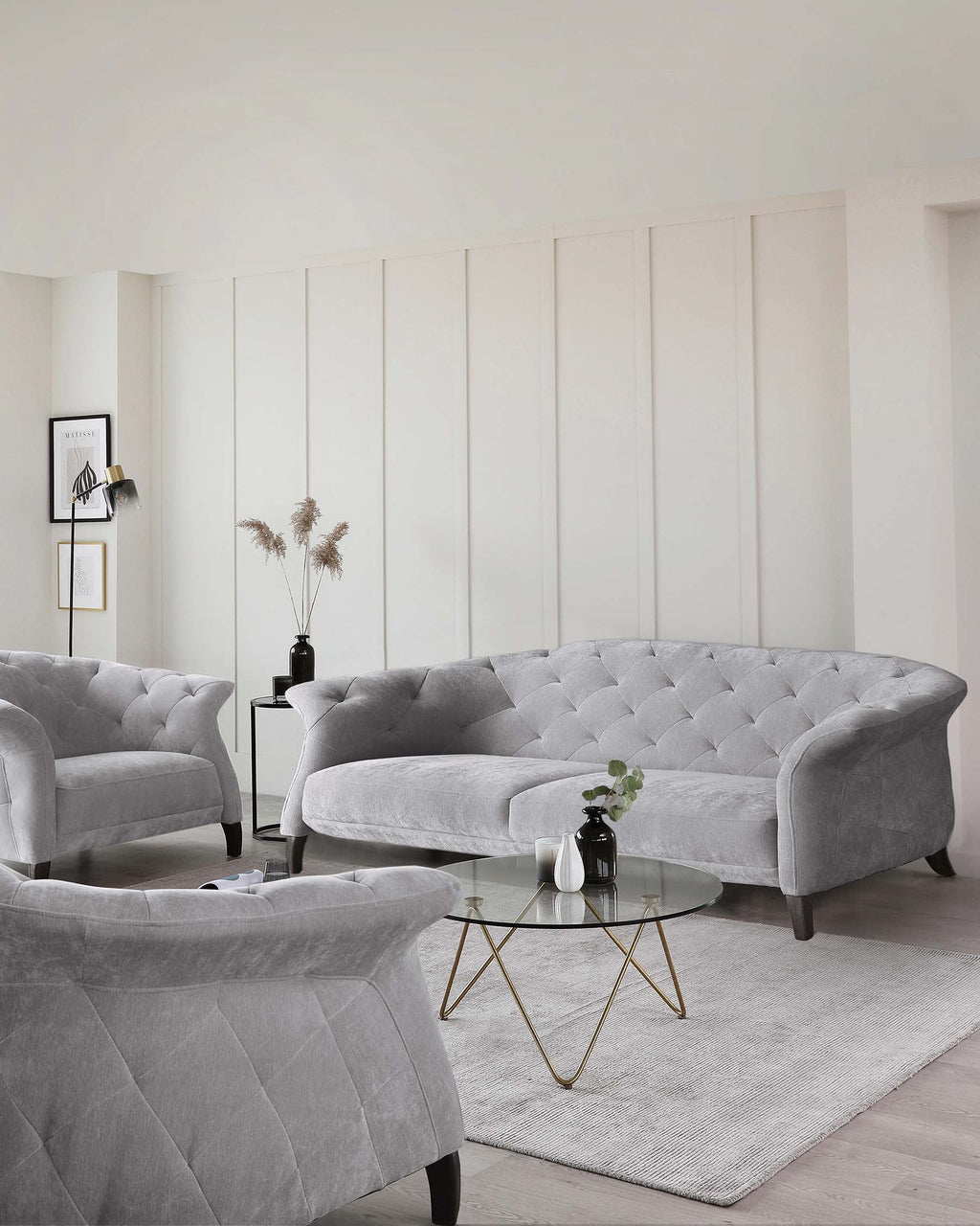 Luxe Modern Large 3 Seater Mid Grey Fabric Chesterfield Sofa