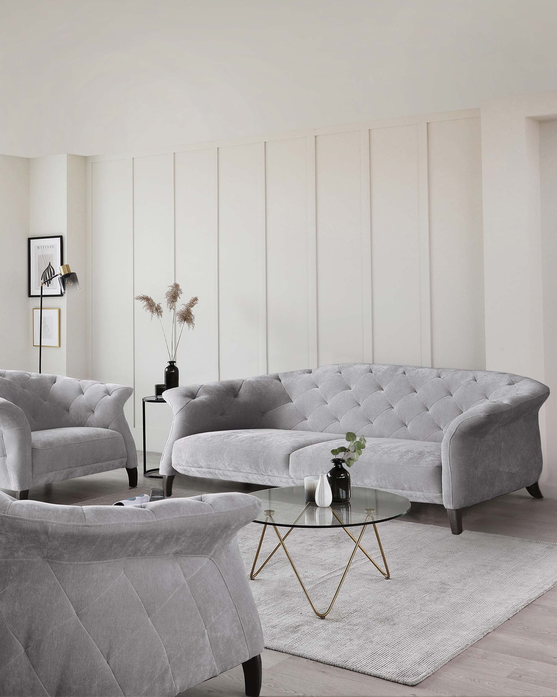 Luxe Modern Large 3 Seater Mid Grey Fabric Chesterfield Sofa