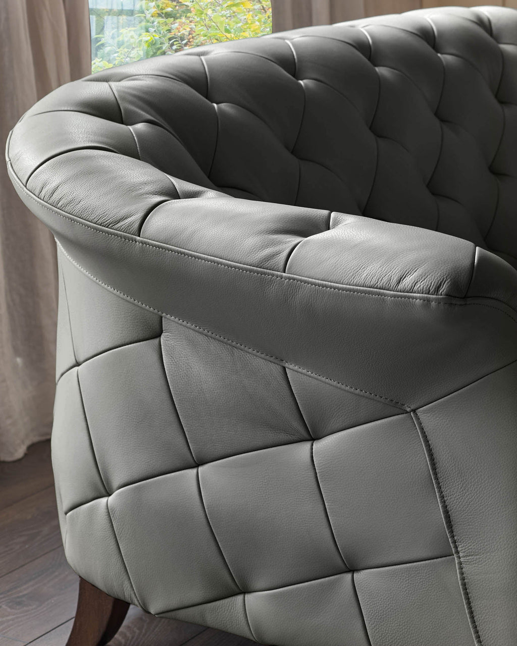 Luxe Modern Dark Grey Leather And Dark Wood Leg Armchair