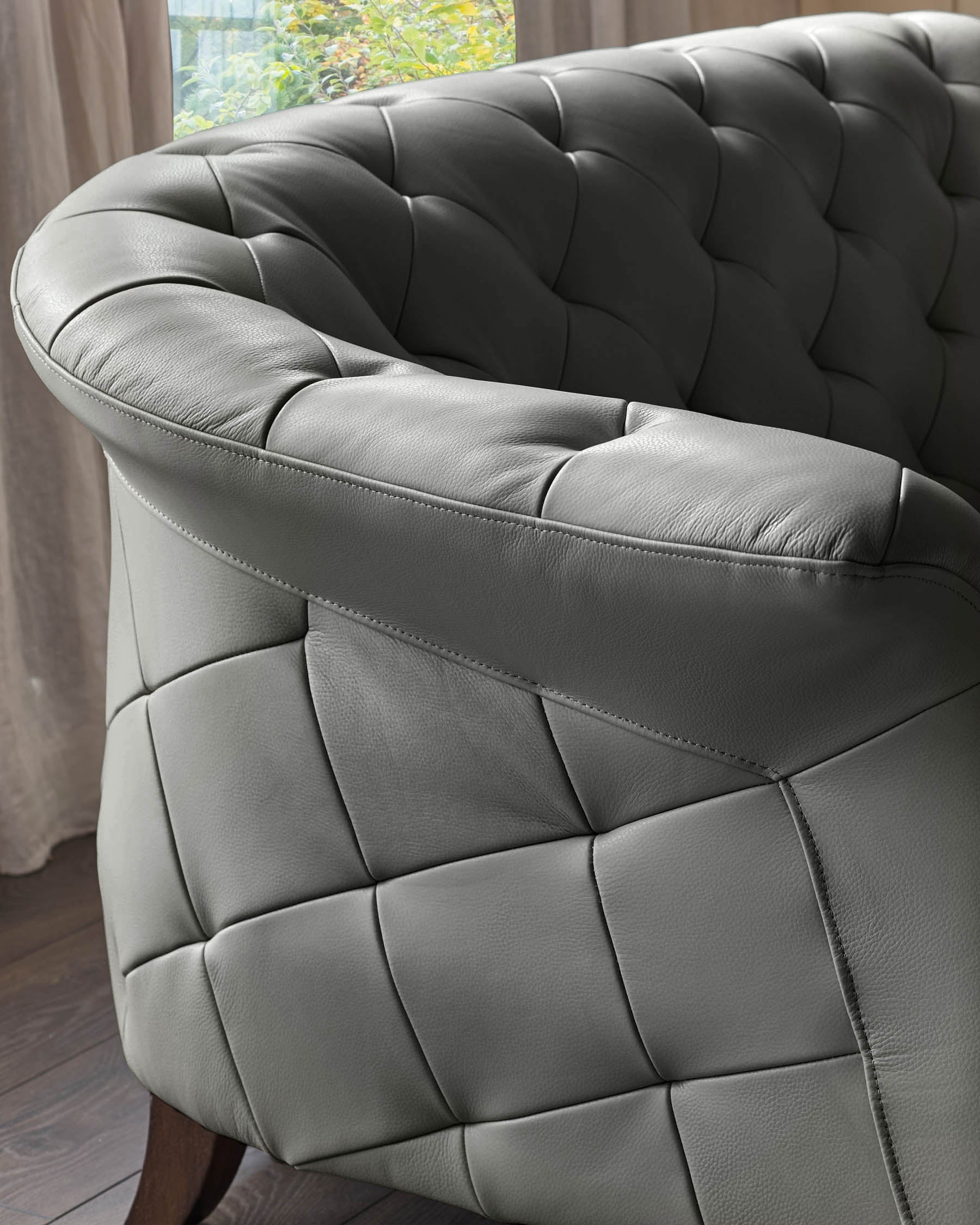 Luxe Modern Dark Grey Leather And Dark Wood Leg Armchair