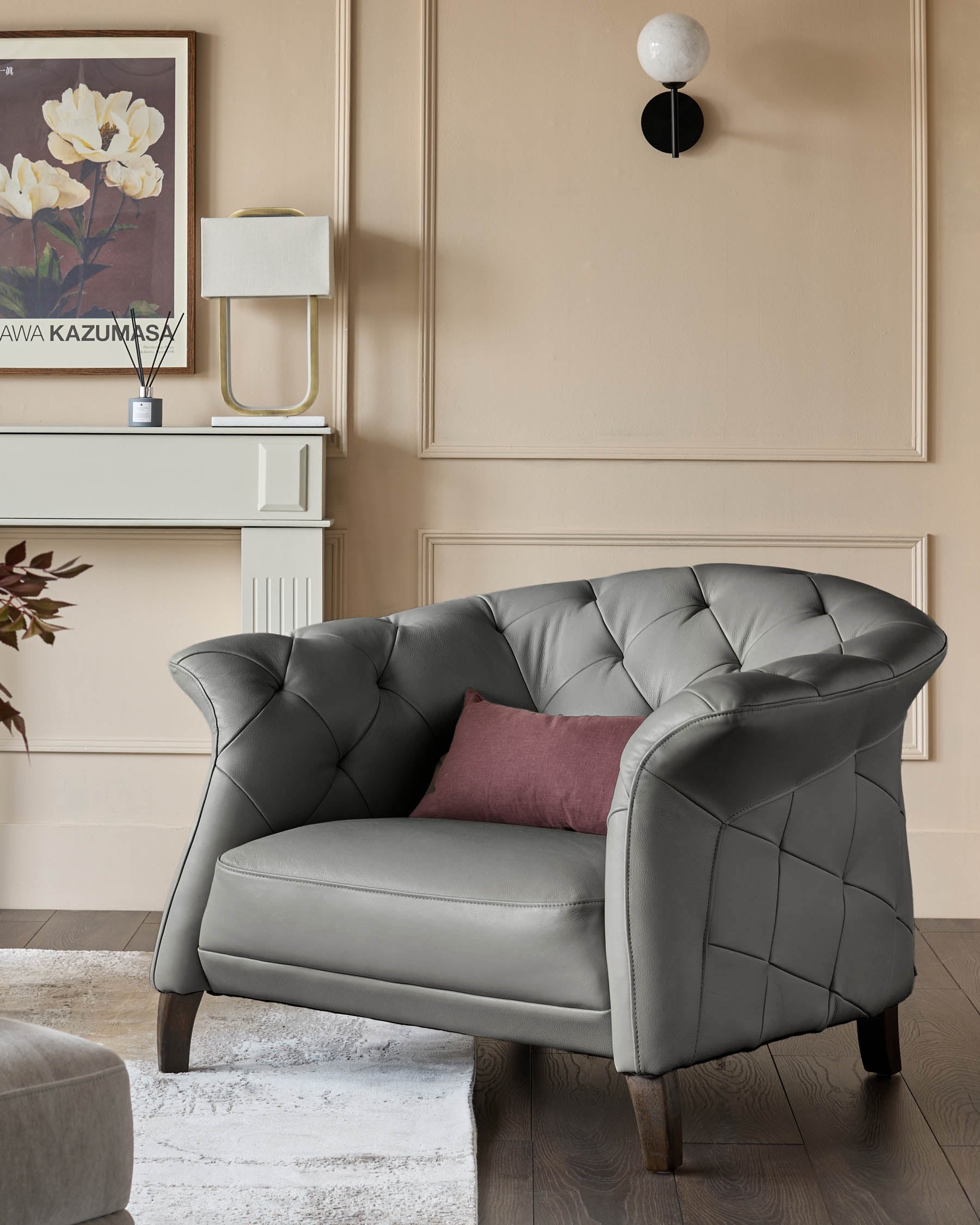 Luxe Modern Dark Grey Leather And Dark Wood Leg Armchair