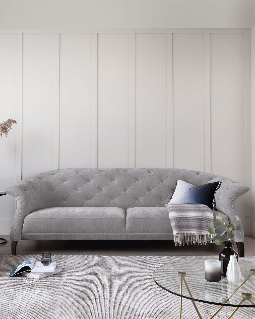 Luxe Modern Large 3 Seater Mid Grey Fabric Chesterfield Sofa