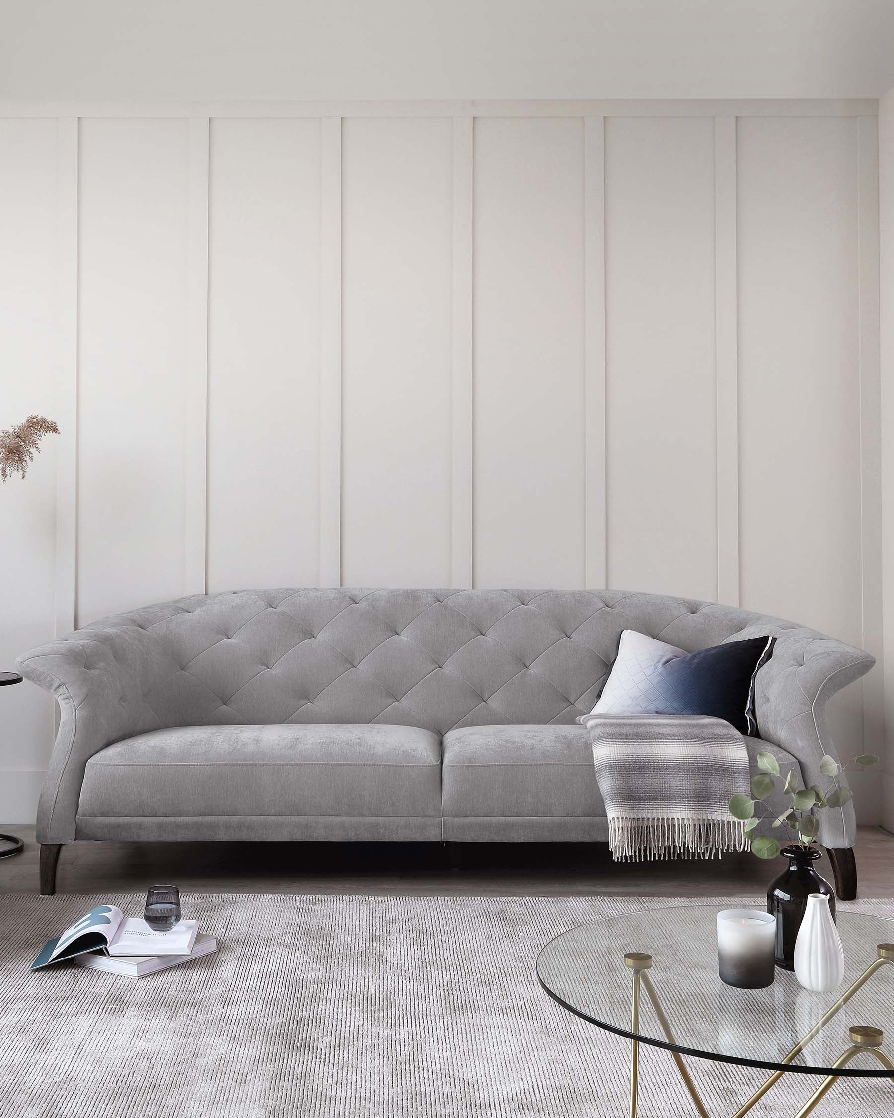 Luxe Modern Large 3 Seater Mid Grey Fabric Chesterfield Sofa