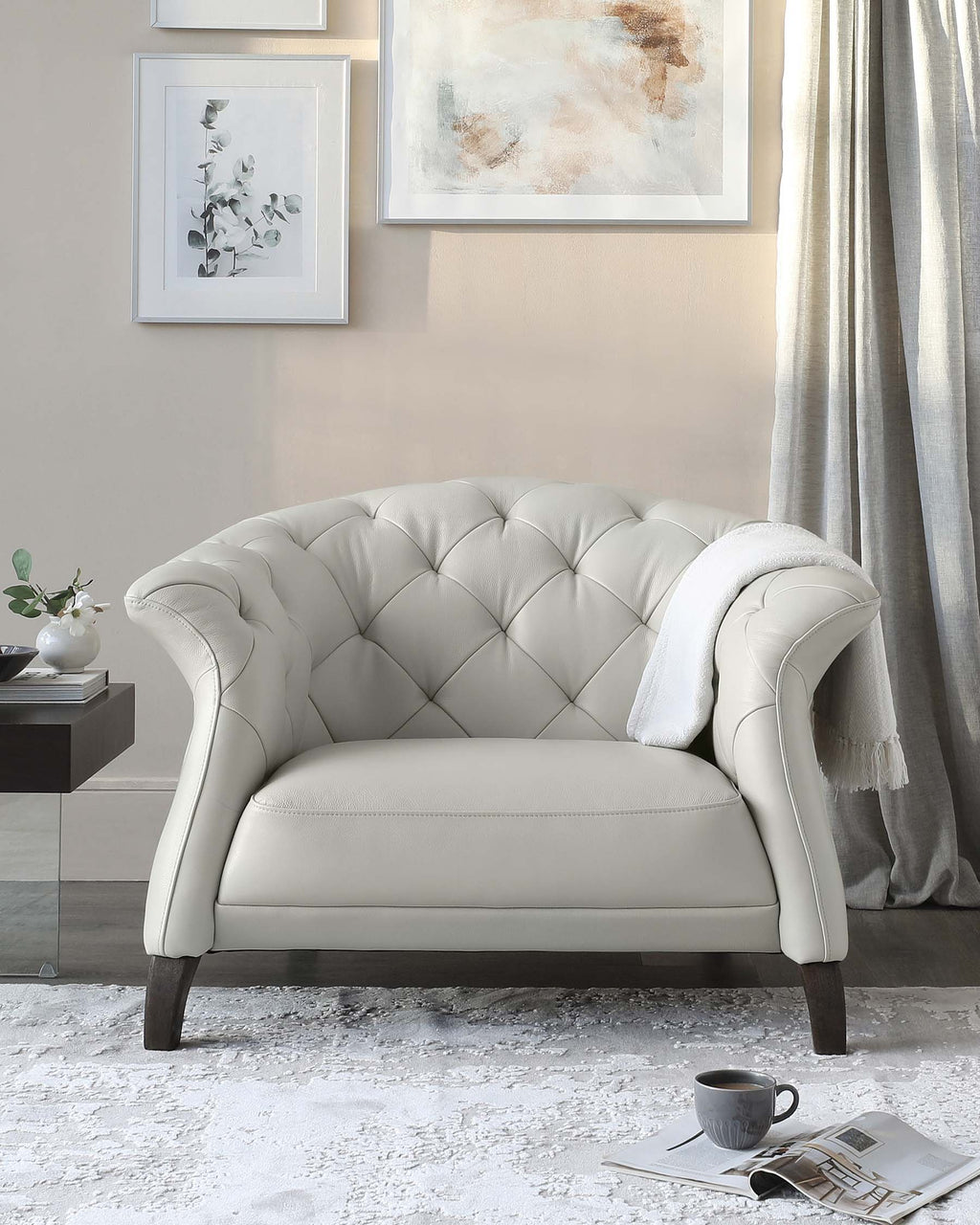 Luxe Modern Natural Grey Leather And Dark Wood Leg Armchair