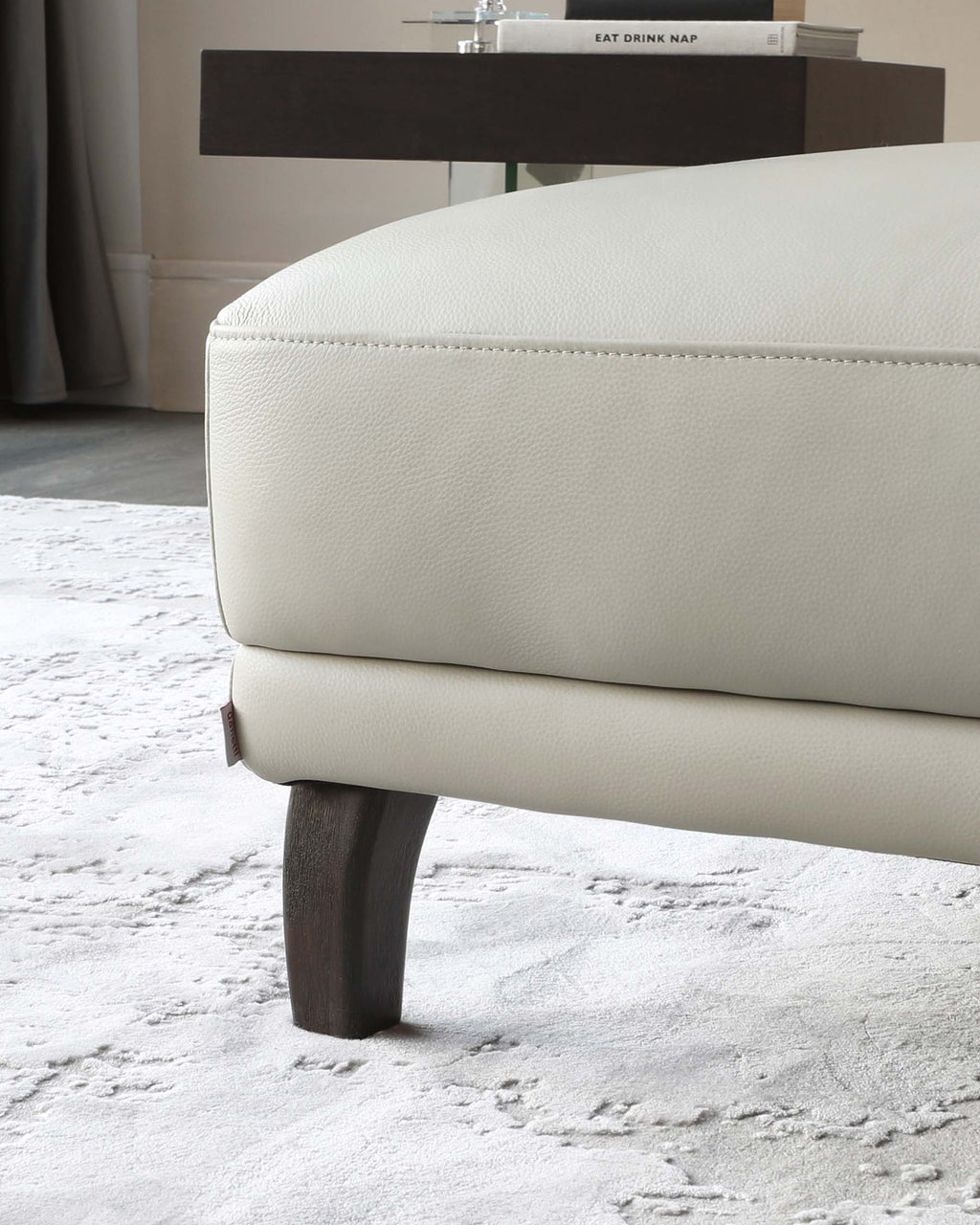 Luxe Modern Natural Grey Leather With Dark Wood Leg Footstool