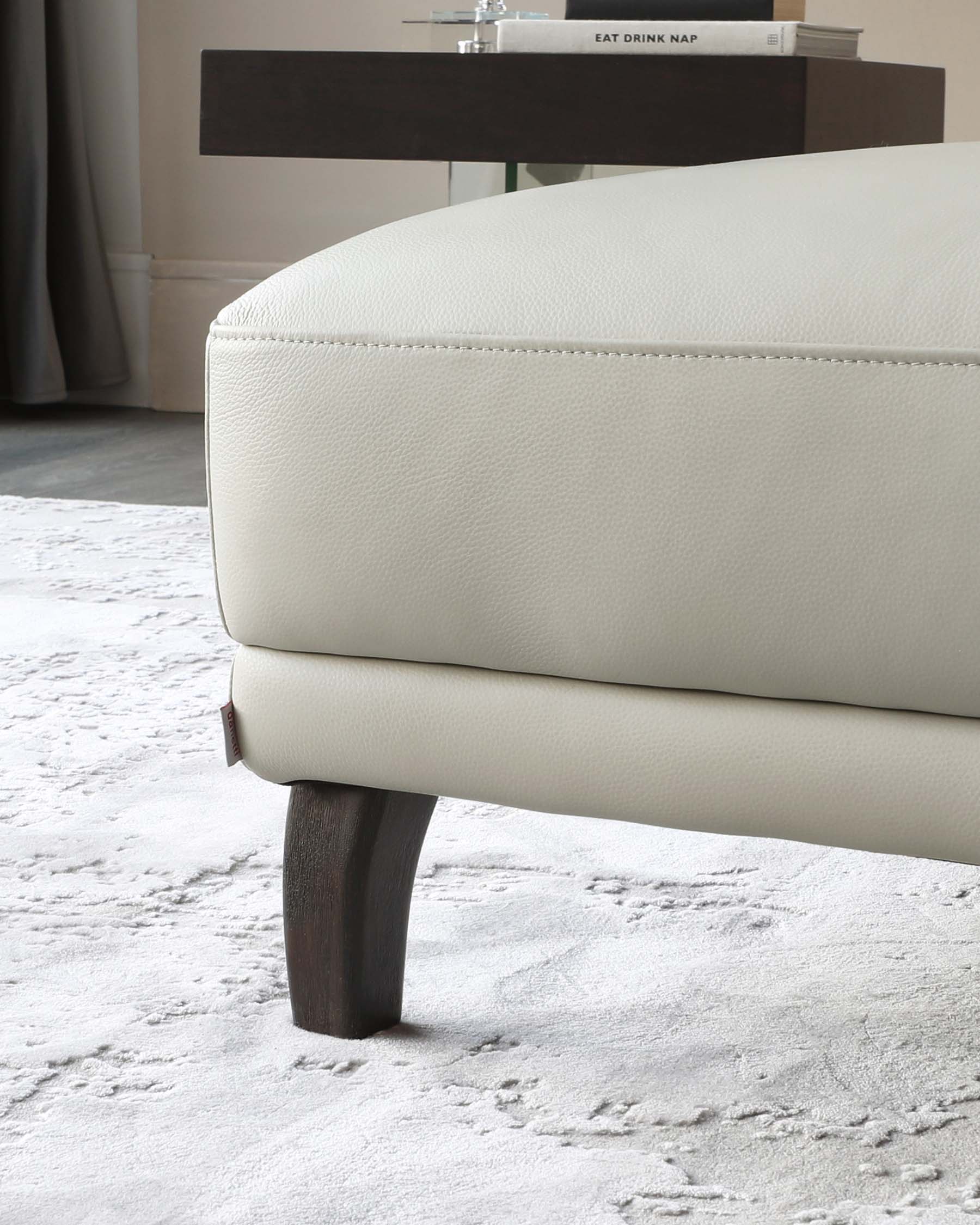 Luxe Modern Natural Grey Leather With Dark Wood Leg Footstool