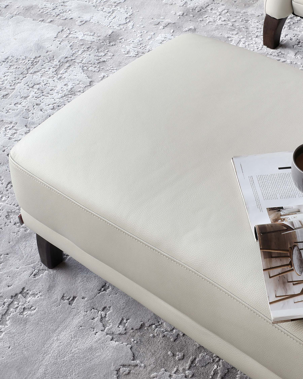 Luxe Modern Natural Grey Leather With Dark Wood Leg Footstool
