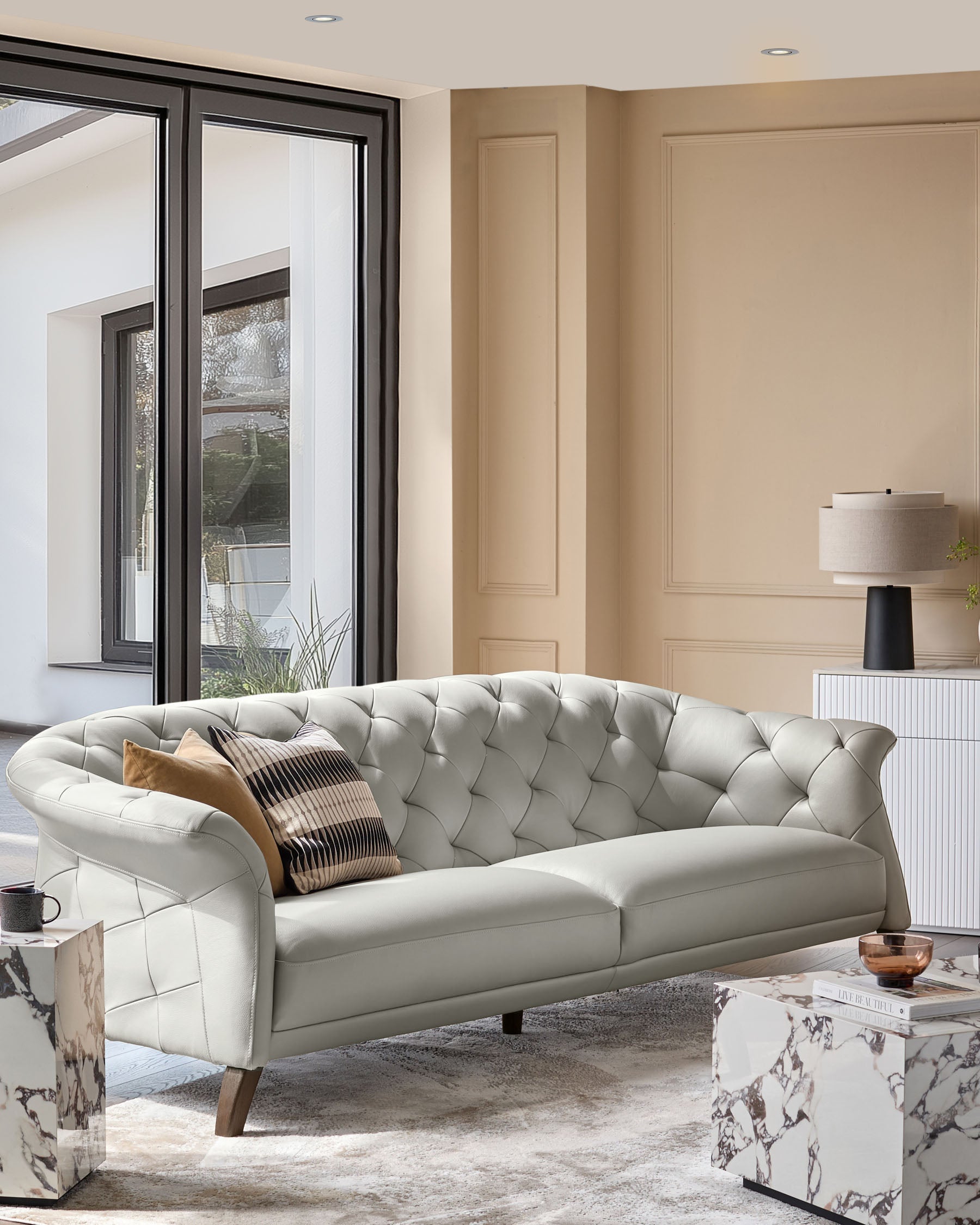 Luxe natural grey leather with dark wood 3 seater sofa