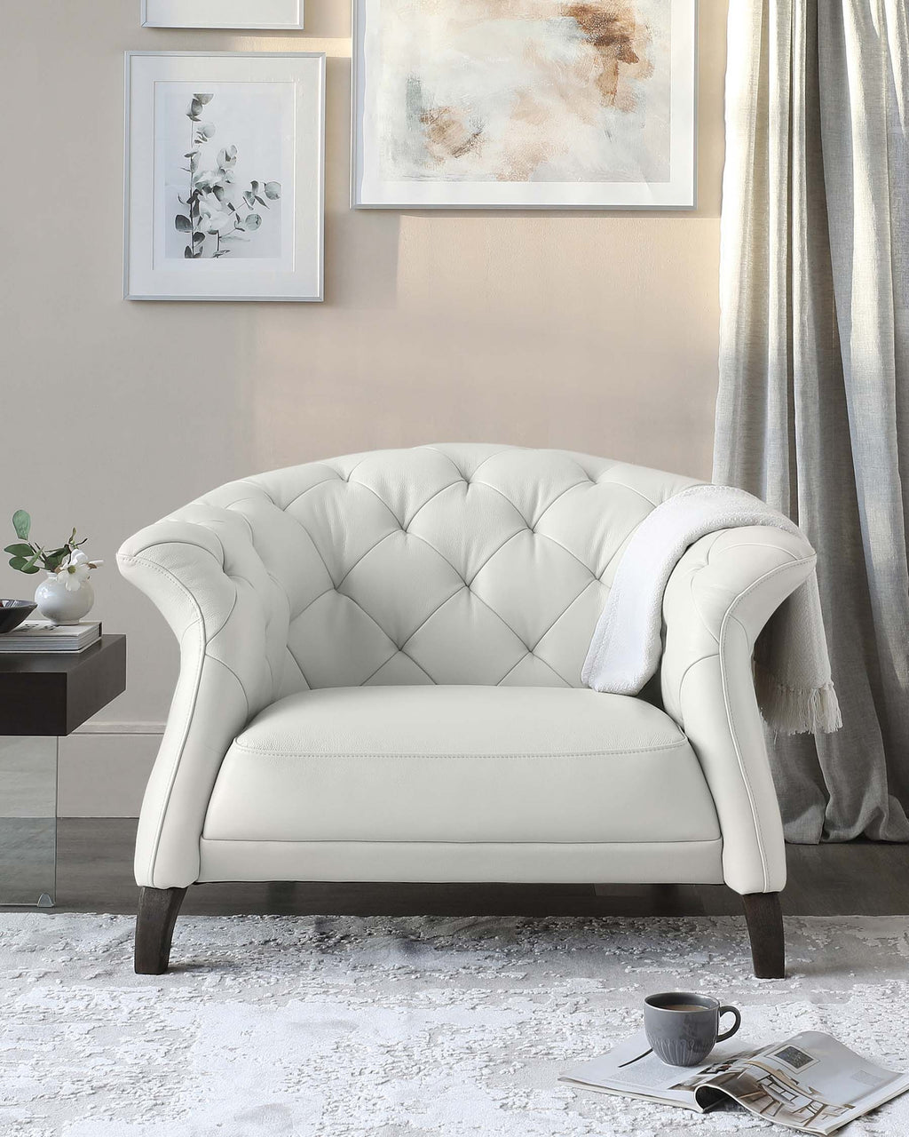 Luxe Modern White Leather And Dark Wood Leg Armchair