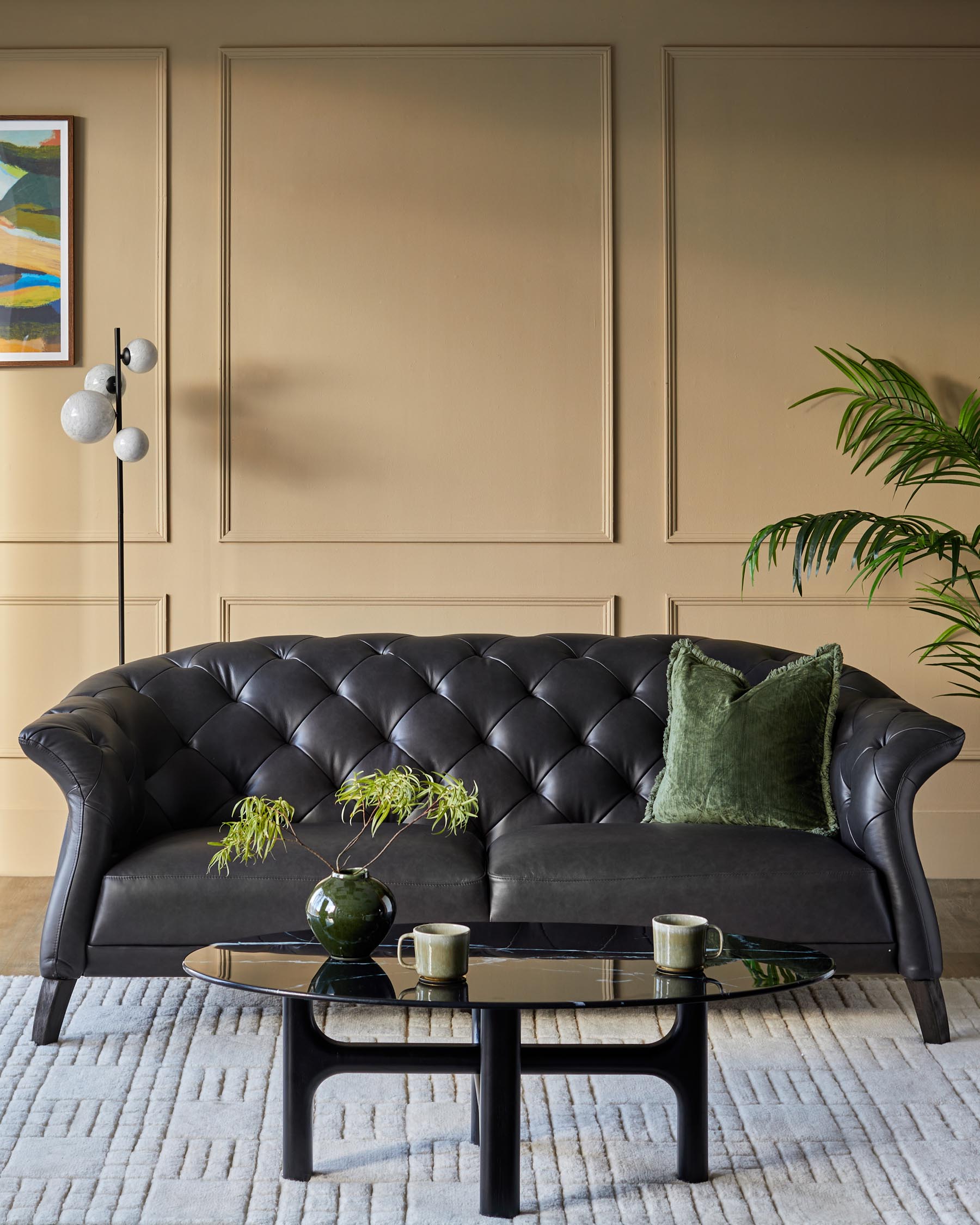 Luxe black leather 2 seater sofa