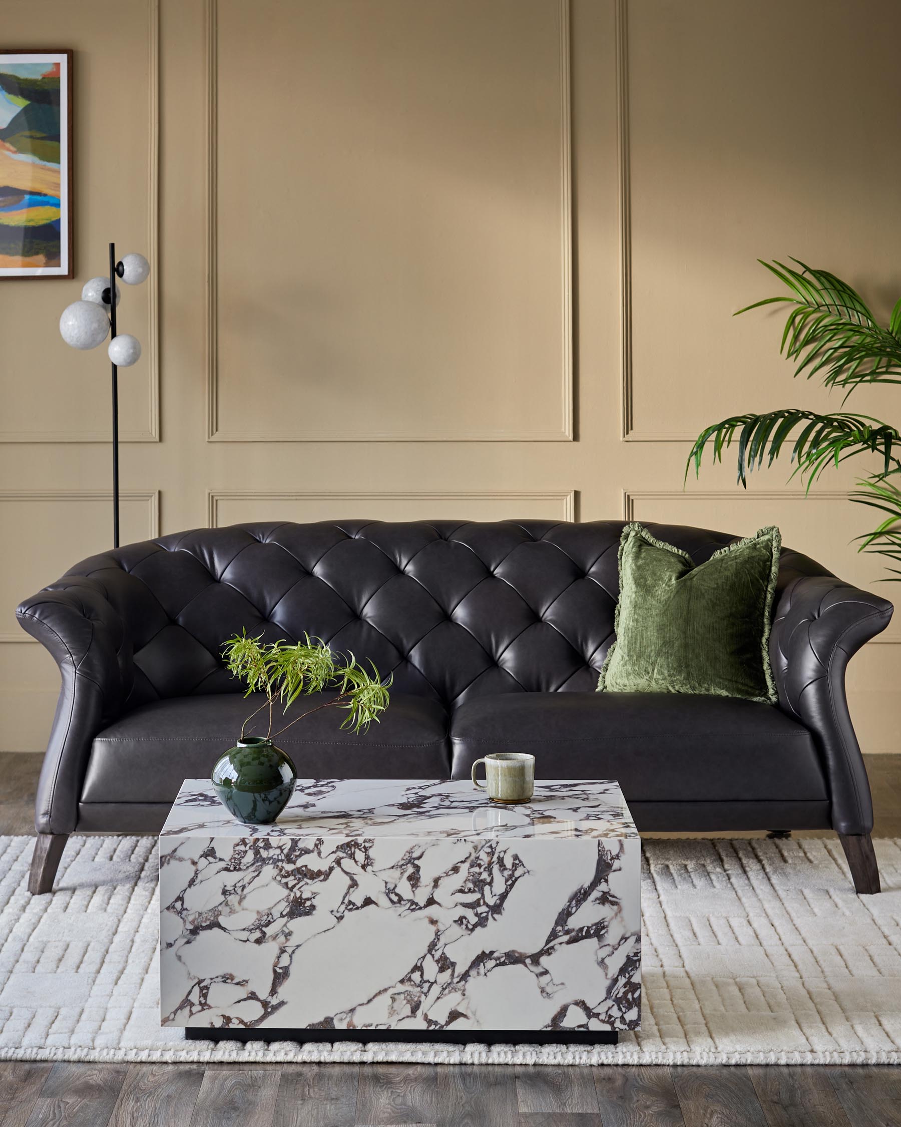 Luxe black leather 2 seater sofa