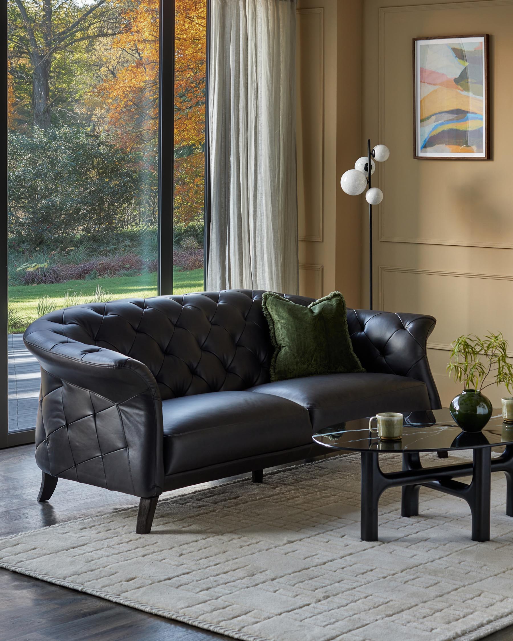 Luxe black leather 2 seater sofa