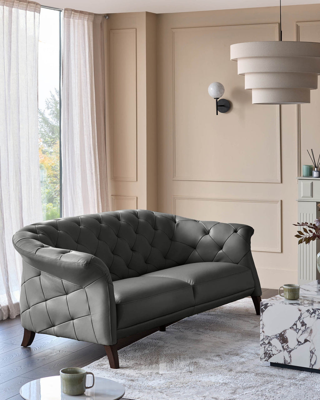 Luxe Dark Grey Leather 2 Seater Sofa