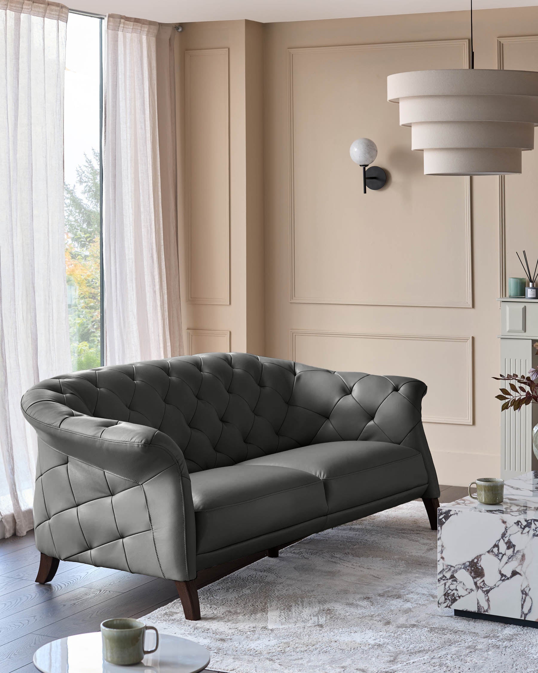 Luxe Dark Grey Leather 2 Seater Sofa