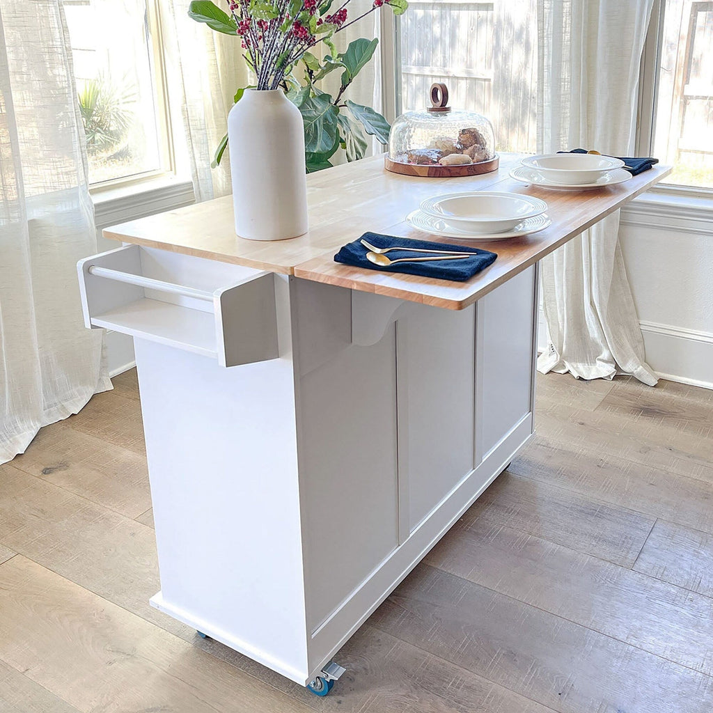 Sophia & William Kitchen Island Cart with Drop-Leaf and Rubber Wood Top, Rolling Kitchen Trolley Cart with Large Storage Cabinet
