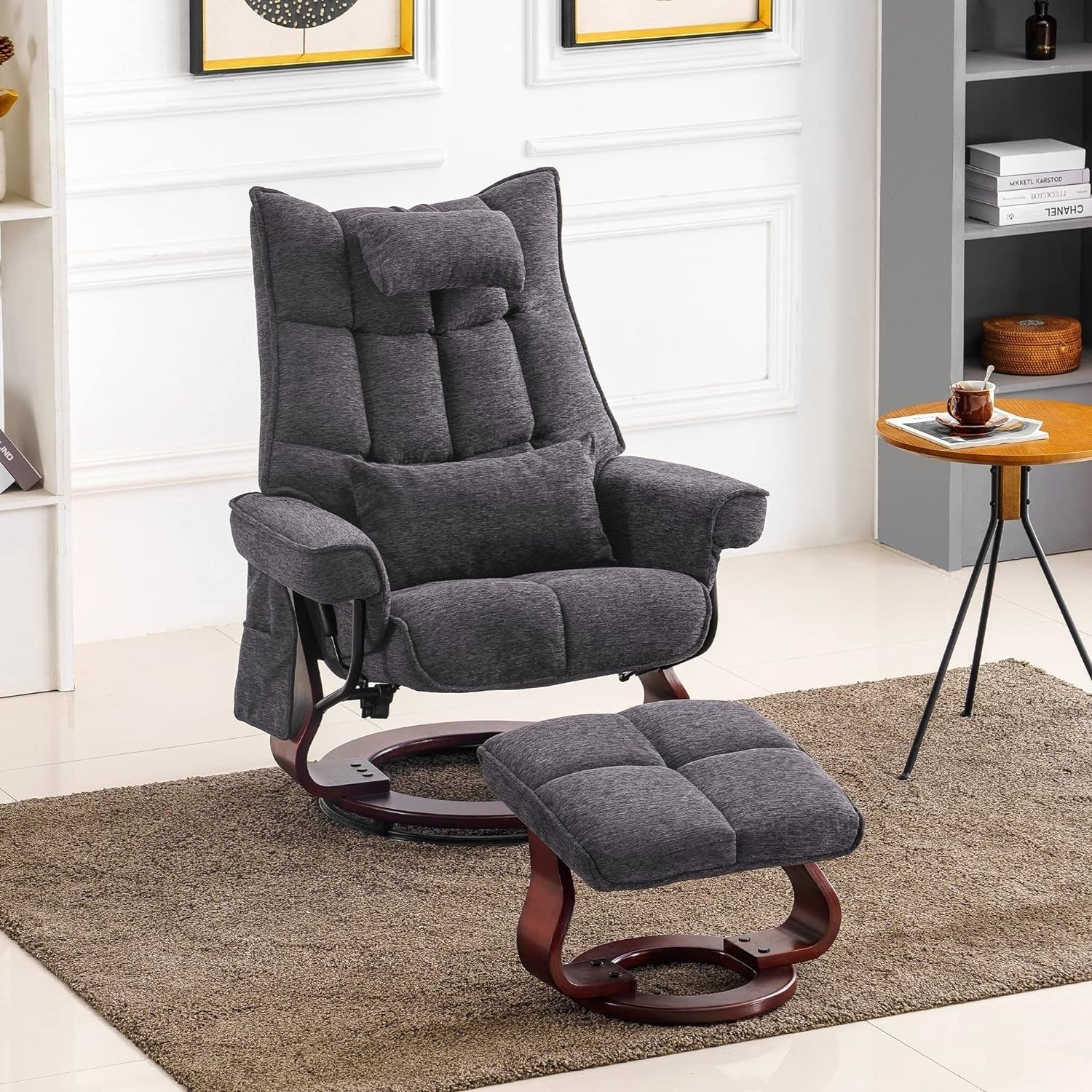 MCombo Set of 2 Swivel Recliner with Ottoman and Neck Pillow,Chenille Fabric