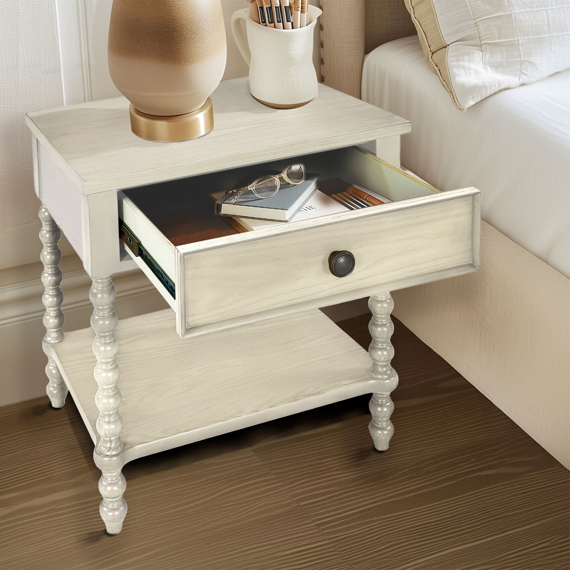 Madison Park Signature Beckett Turned Wood Spindle Nightstand with Drawer & Shelf