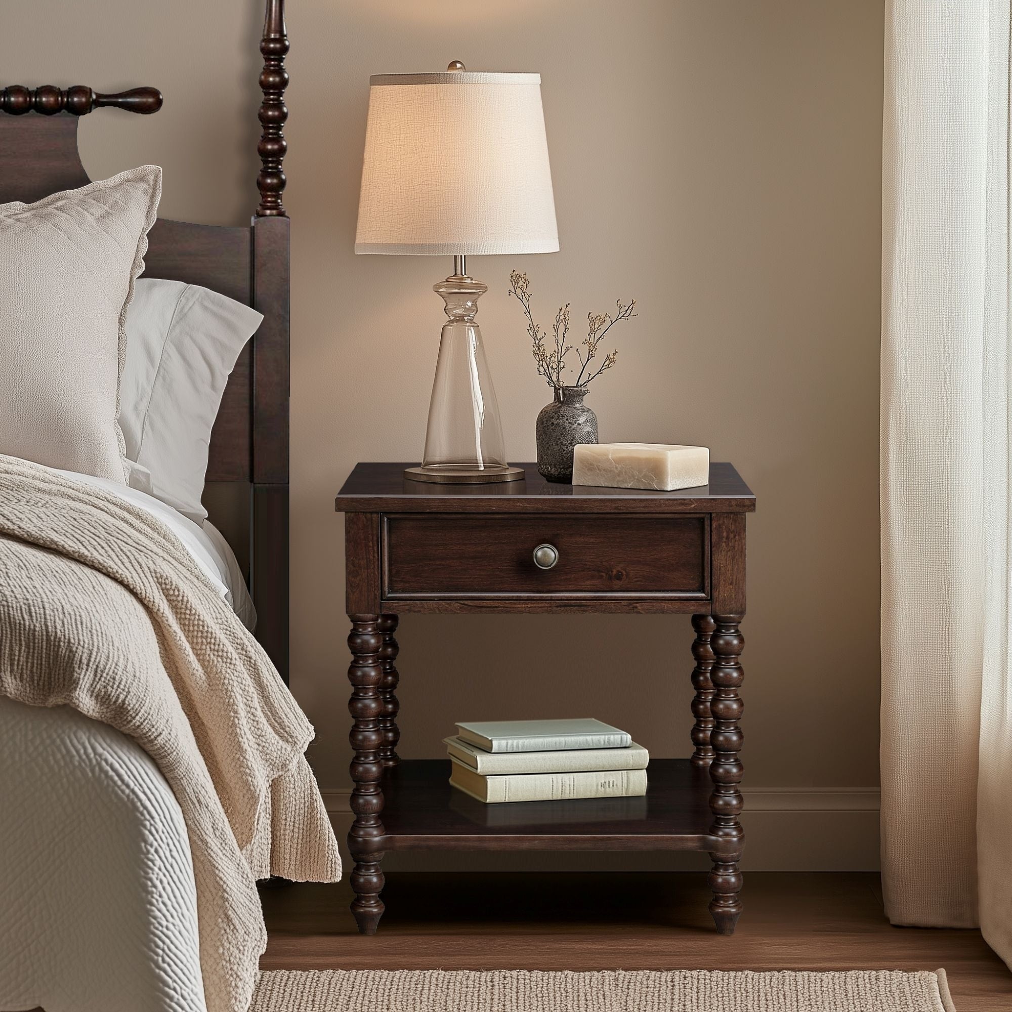 Madison Park Signature Beckett Turned Wood Spindle Nightstand with Drawer & Shelf