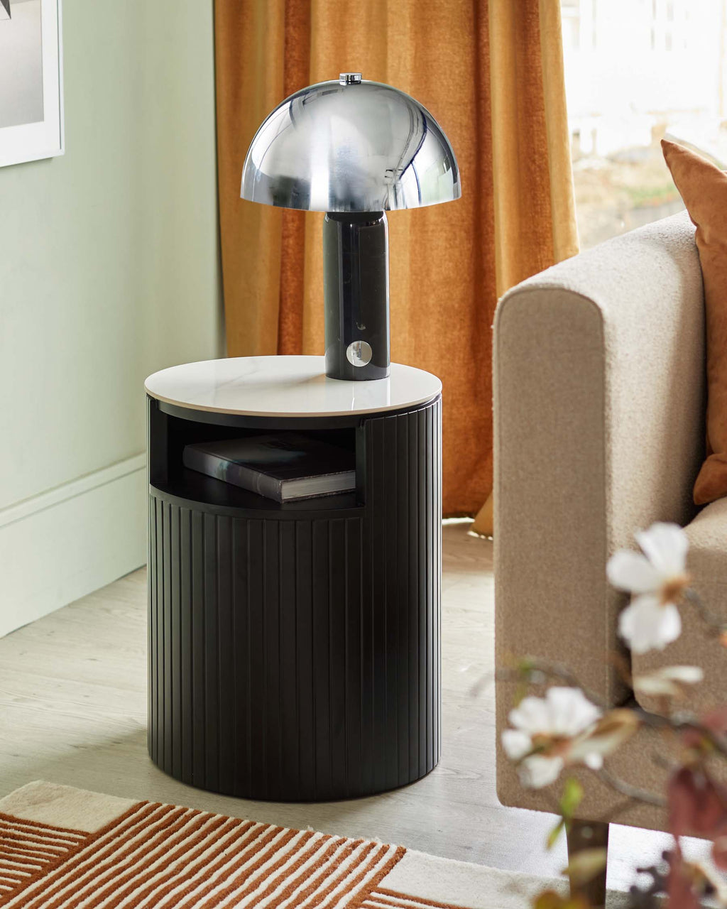 Malachy Side Table White Ceramic with Black Wood