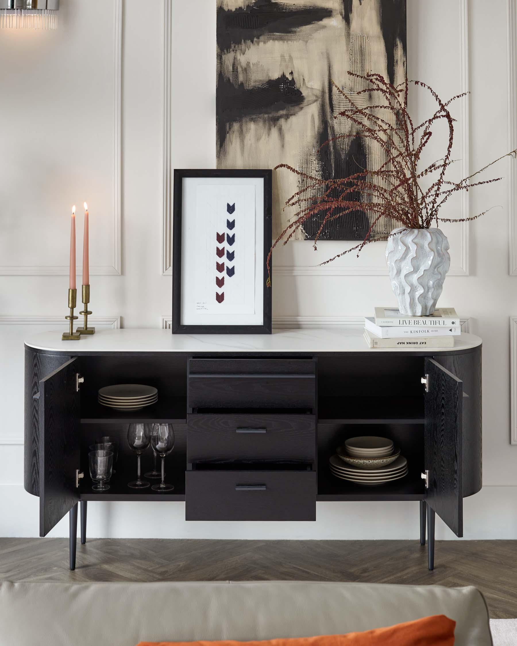 Manhattan Black Ash and Marbled Ceramic Large Sideboard