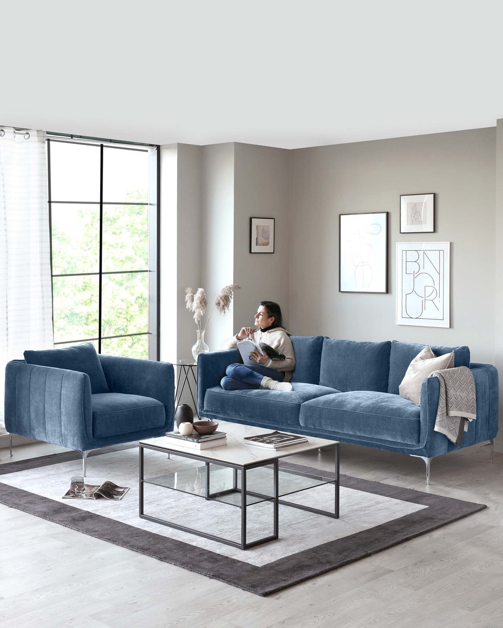 Margot Blue Fabric 3 Seater Sofa and Armchair