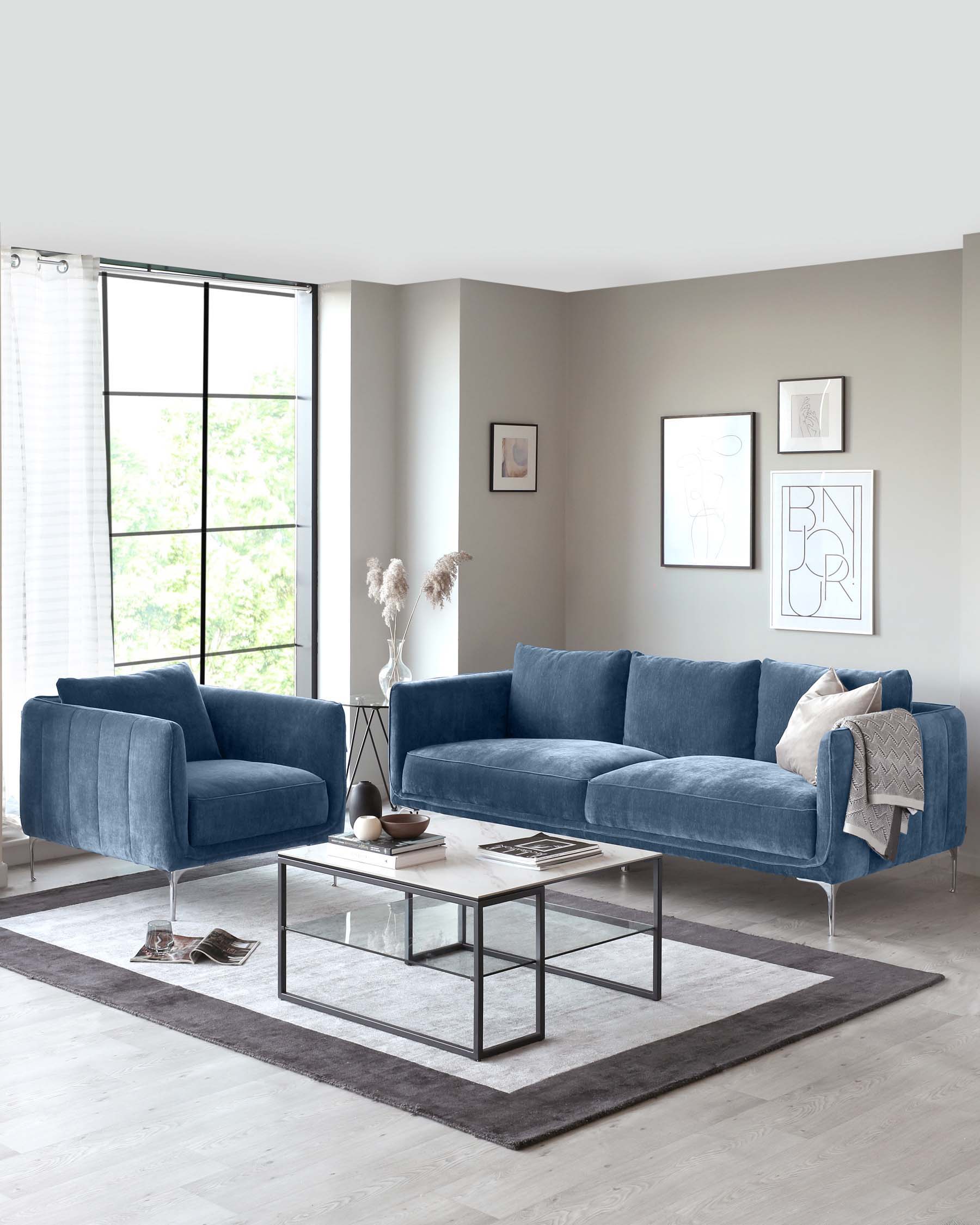 Margot Blue Fabric 3 Seater Sofa and Armchair