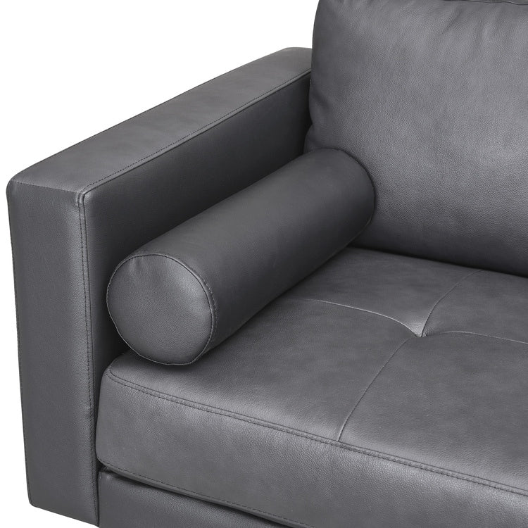 Modern Genuine Leather Sofa with Wooden Legs & Additional Bolster Pillow