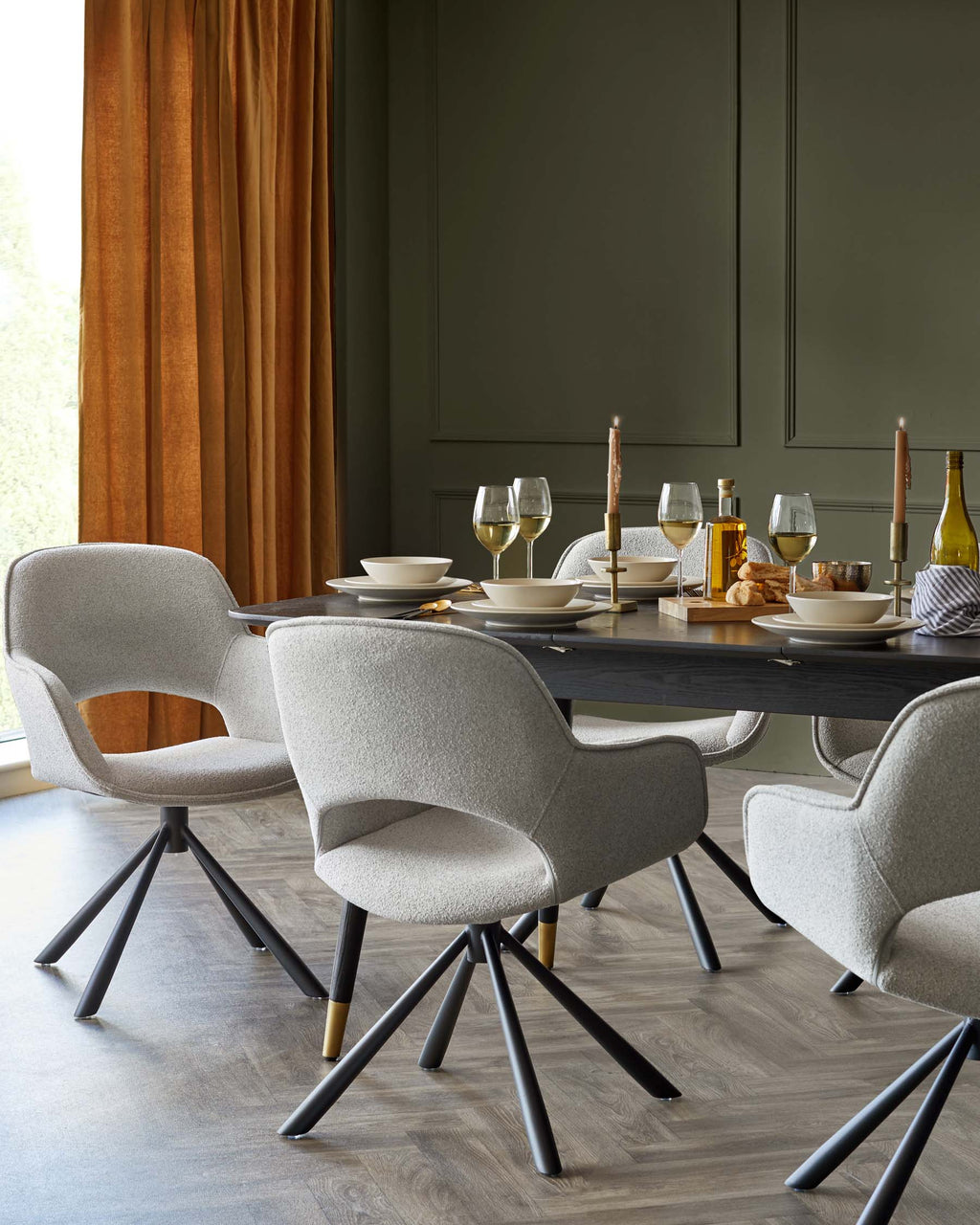 Marlow Swivel Black Metal Dining Chairs Light Grey Boucle