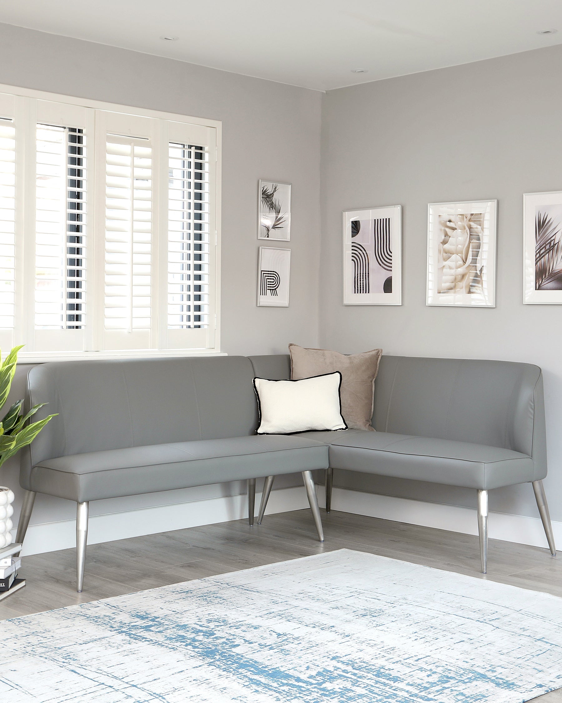 Mellow 5 Seater Mid Grey Faux Leather And Stainless Steel Left Hand Corner Bench