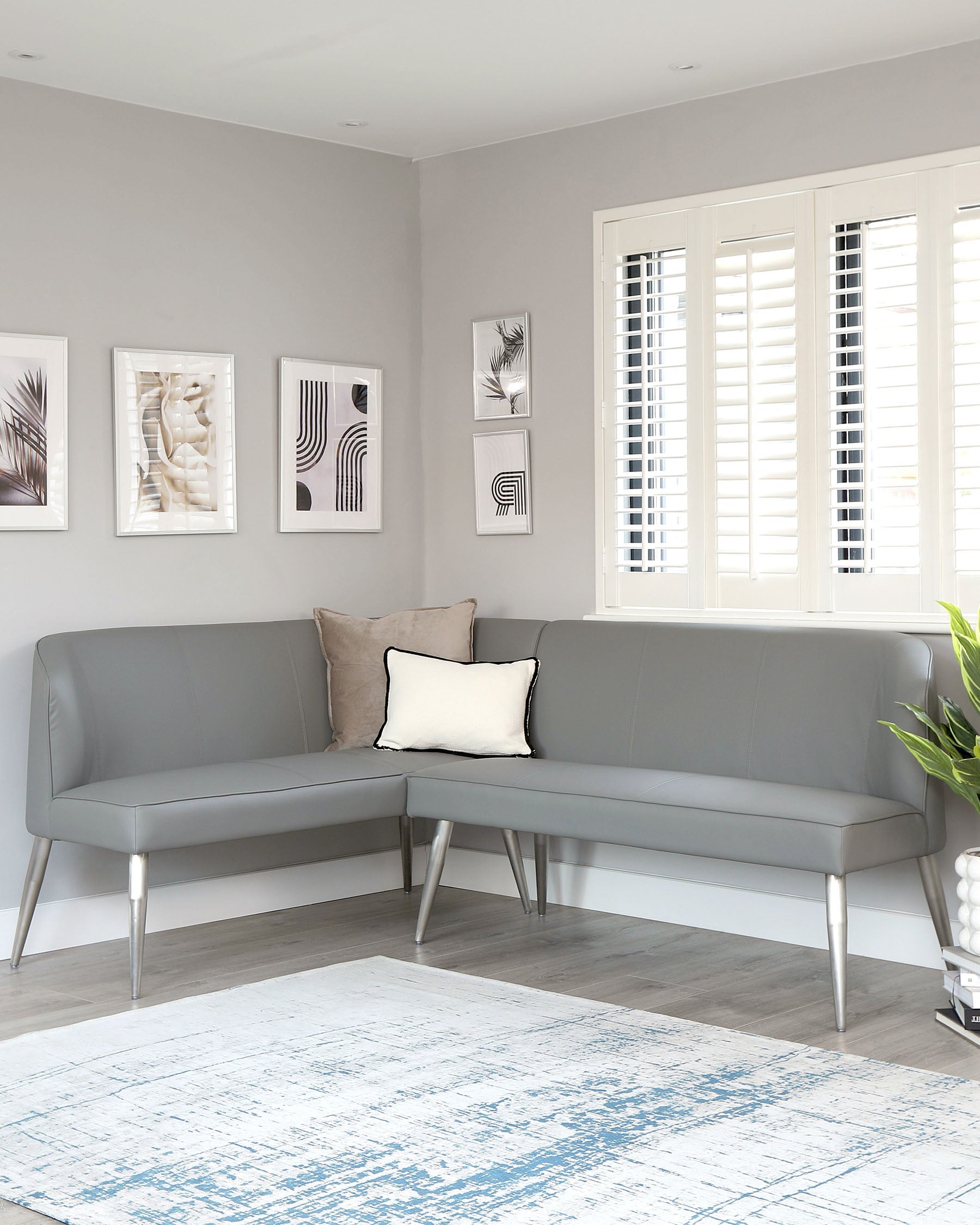 Mellow Mid Grey Faux Leather & Brushed Stainless Steel 5 Seater Right Hand Corner Bench