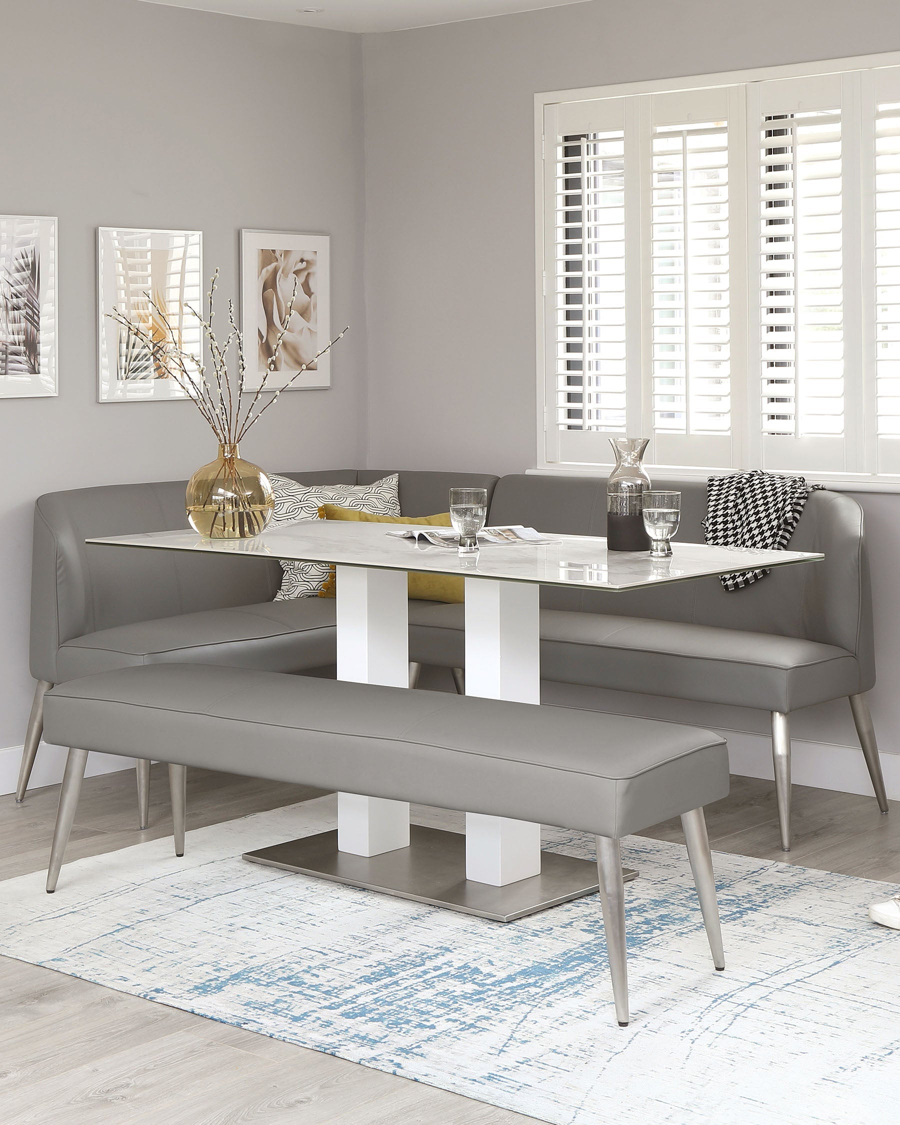 Mellow Mid Grey Faux Leather & Brushed Stainless Steel 5 Seater Right Hand Corner Bench