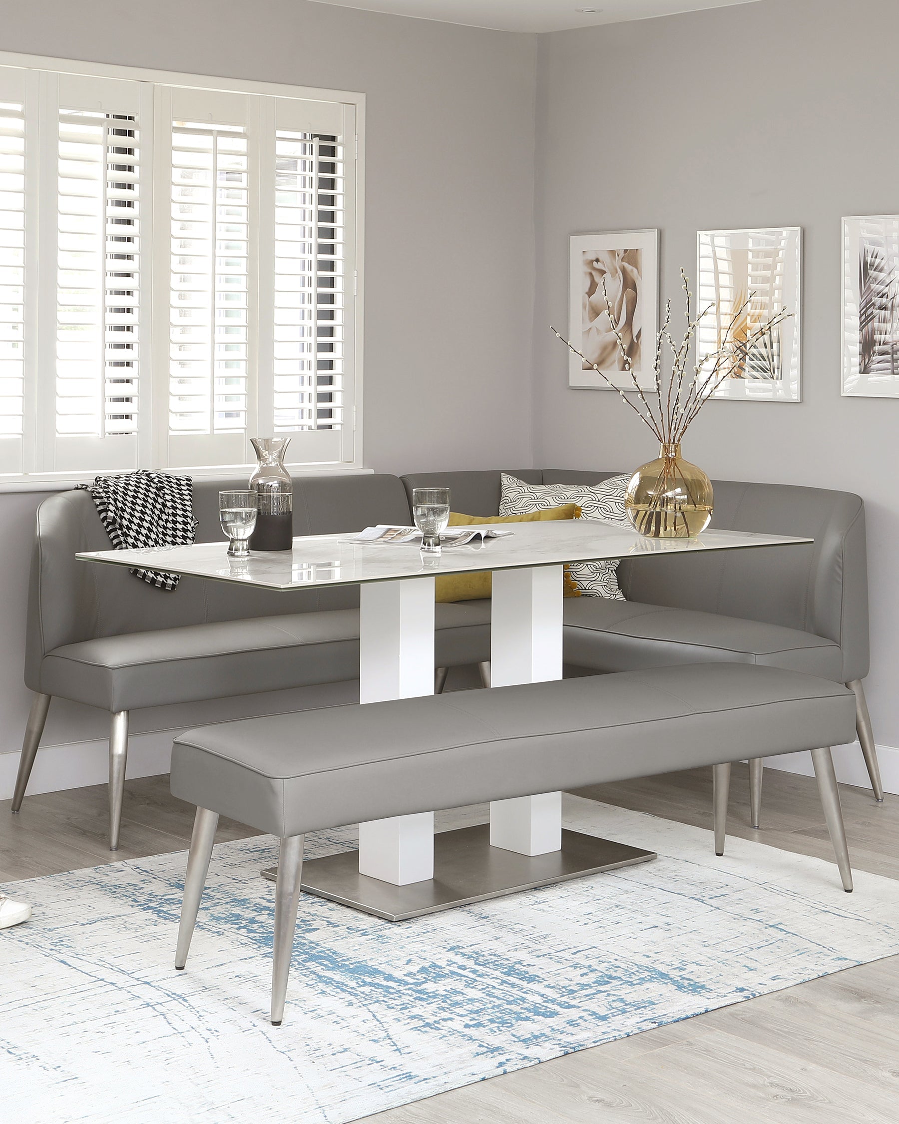 Mellow 5 Seater Mid Grey Faux Leather And Stainless Steel Left Hand Corner Bench