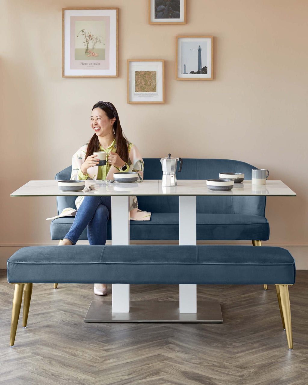 Mellow Dark Blue Velvet 3 Seater Dining Bench With Backrest
