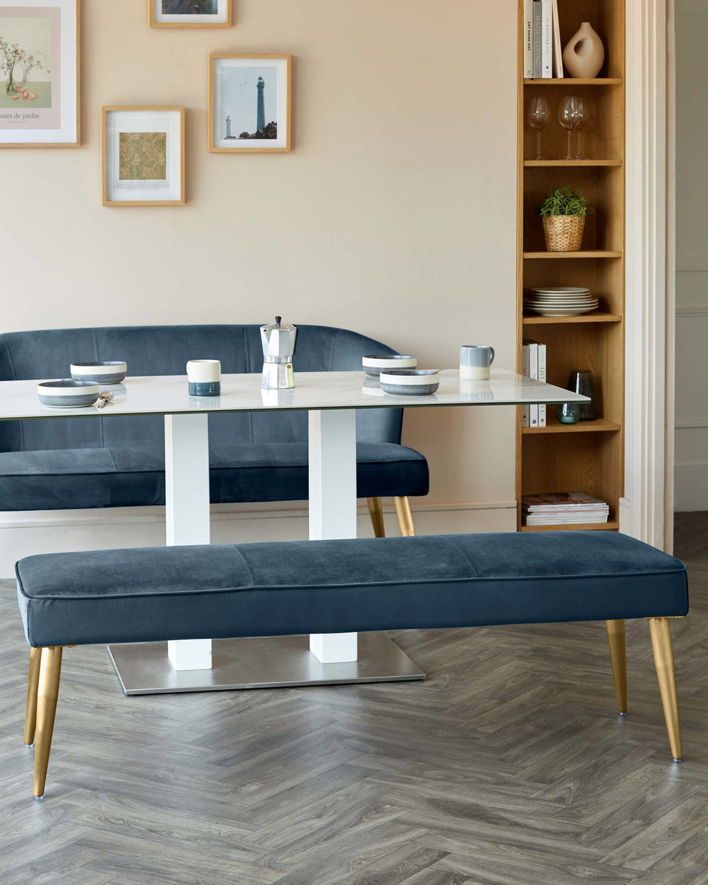 Mellow Dark Blue Velvet And Brass 3 Seater Bench Without Backrest