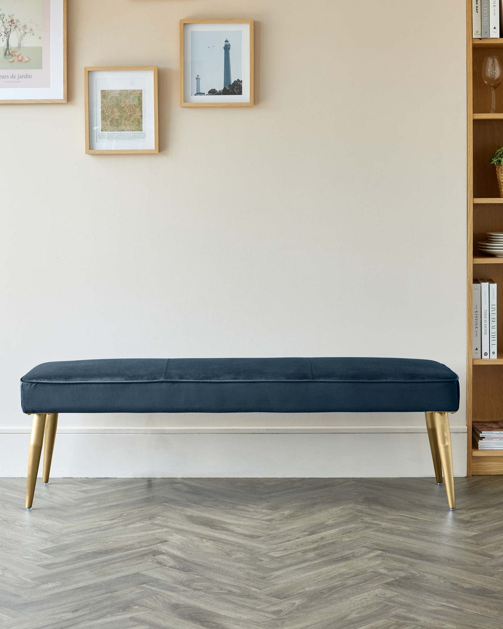 Mellow Dark Blue Velvet And Brass 3 Seater Bench Without Backrest