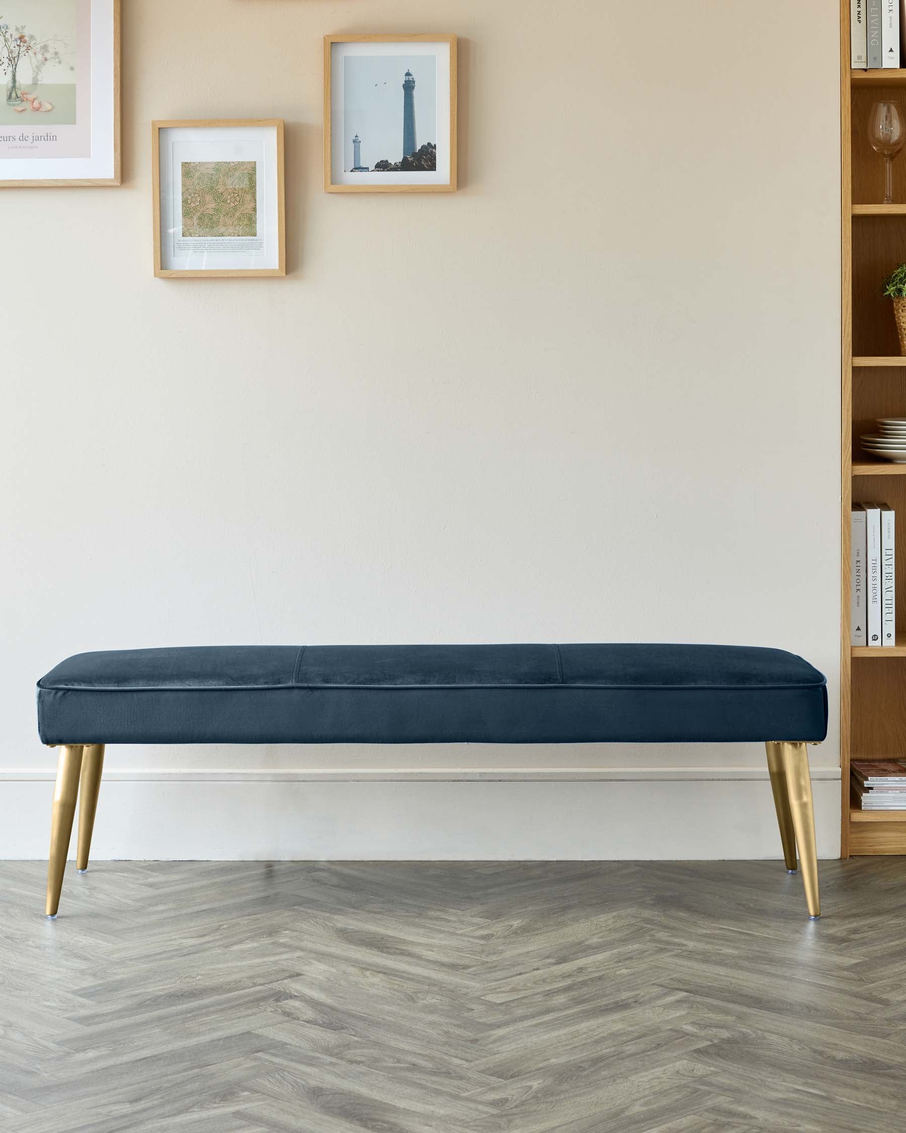 Mellow Dark Blue Velvet And Brass 3 Seater Bench Without Backrest