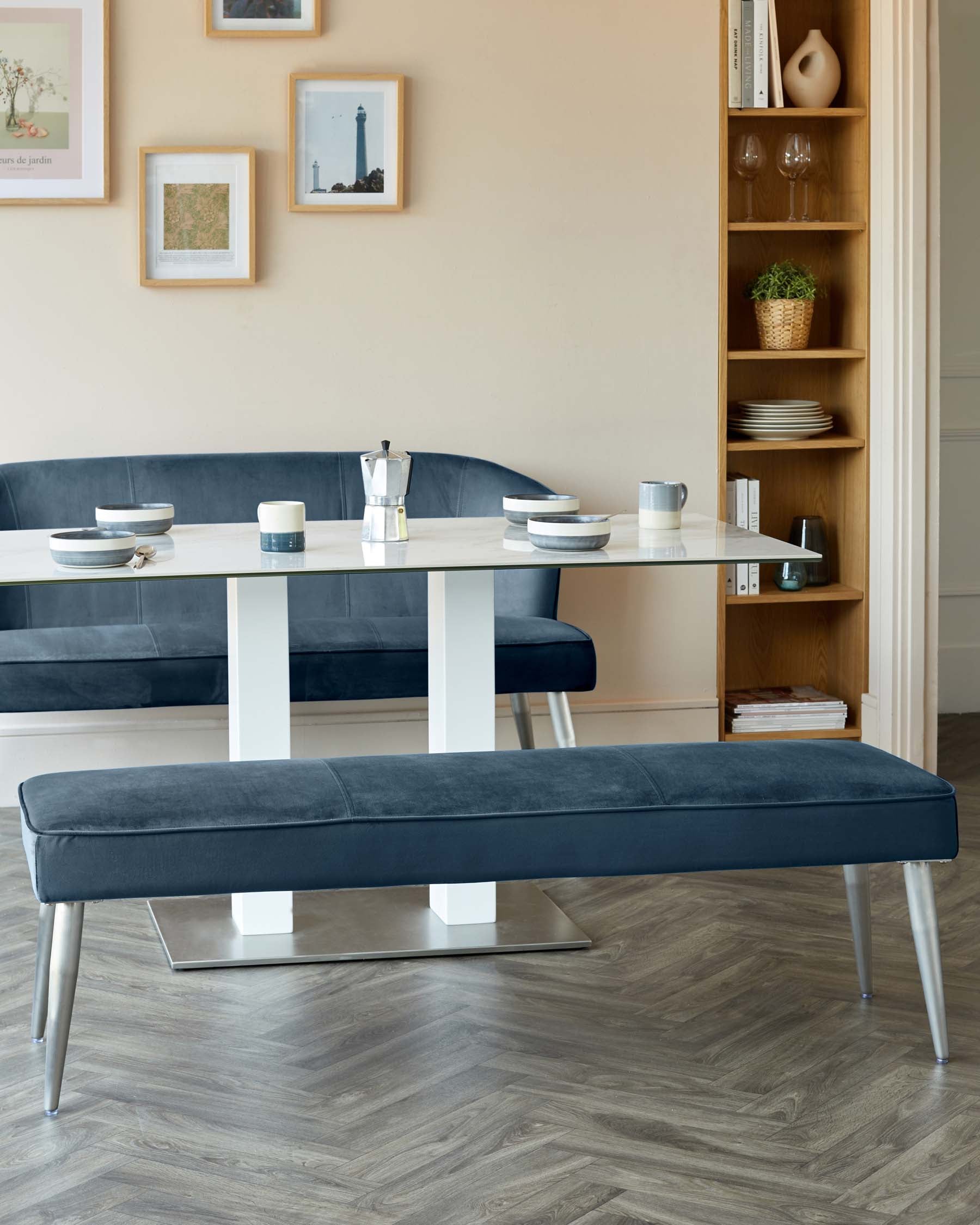 Mellow Dark Blue Velvet 3 Seater Bench Without Backrest