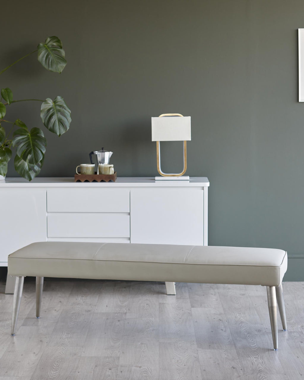 Mellow Light Grey Faux Leather And Stainless Steel 3 Seater Without Backrest Bench