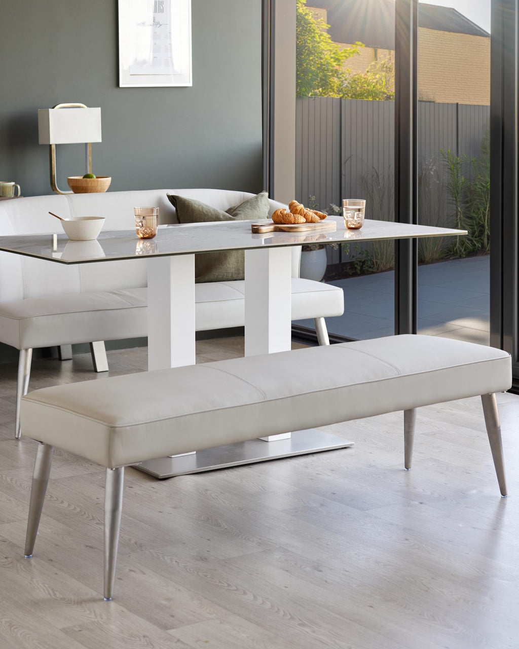 Mellow Light Grey Faux Leather And Stainless Steel 3 Seater Without Backrest Bench