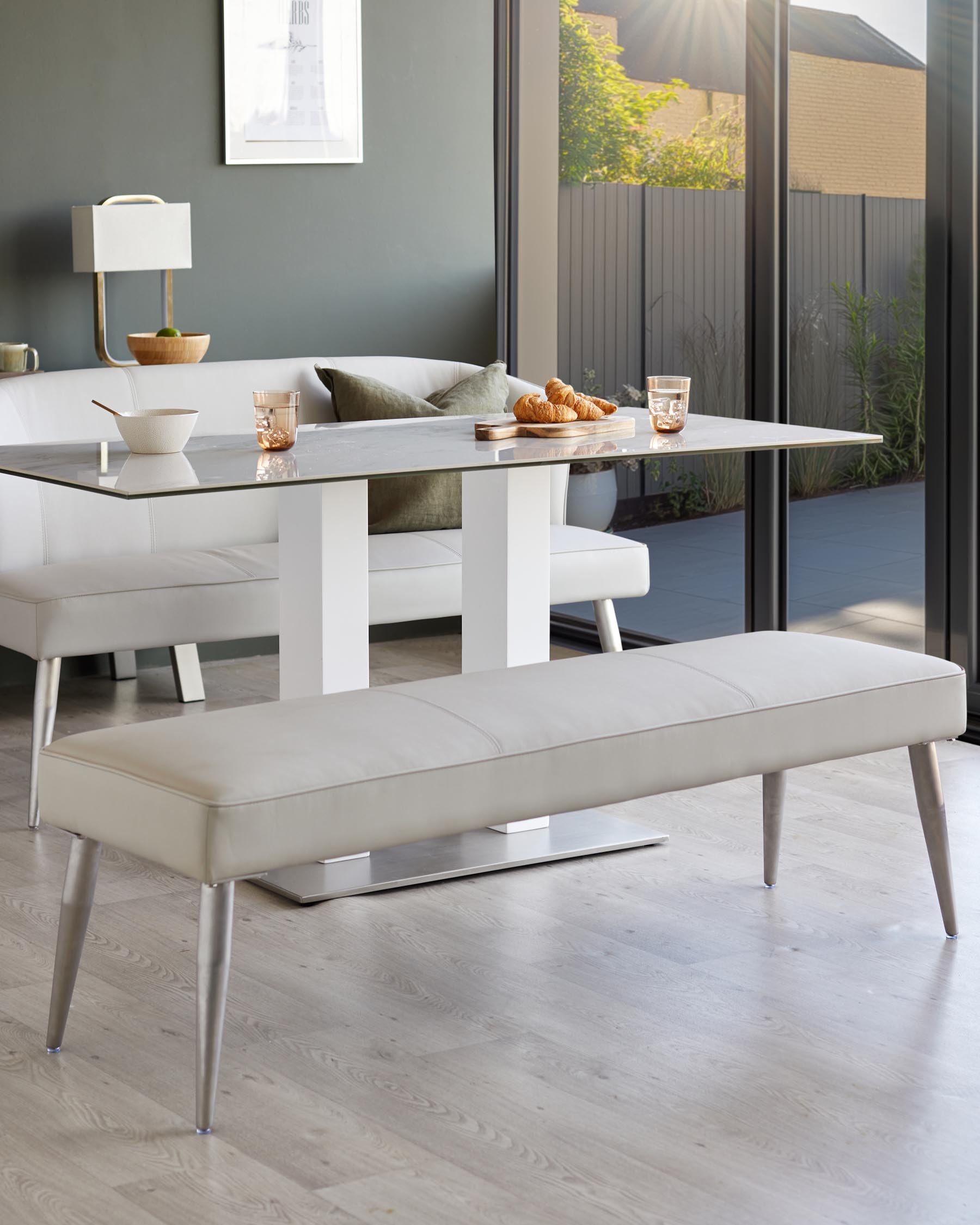 Mellow Light Grey Faux Leather And Stainless Steel 3 Seater Without Backrest Bench