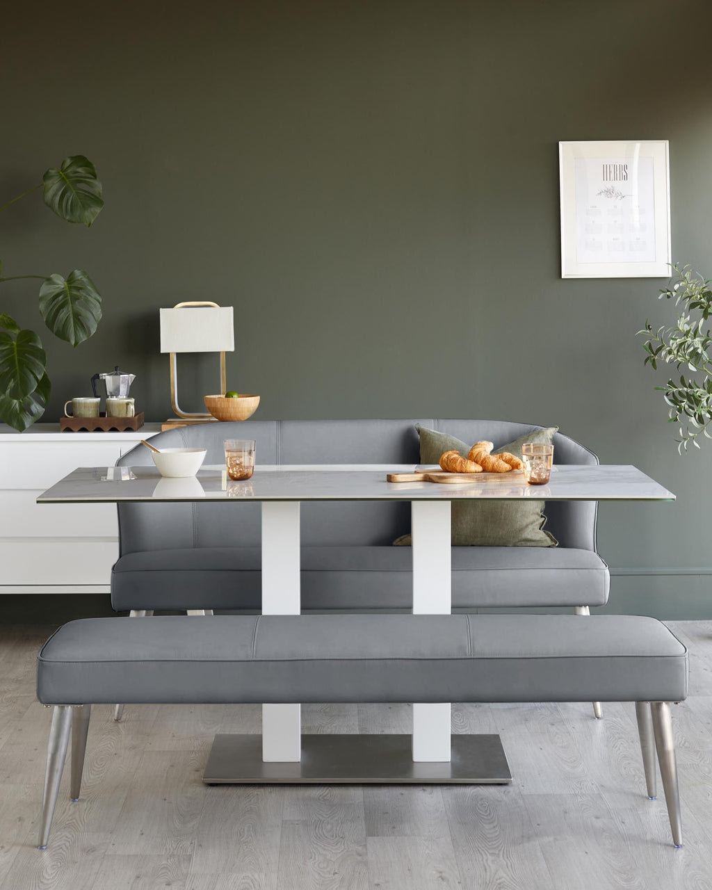 Mellow mid grey faux leather 3 seater dining bench with Backrest