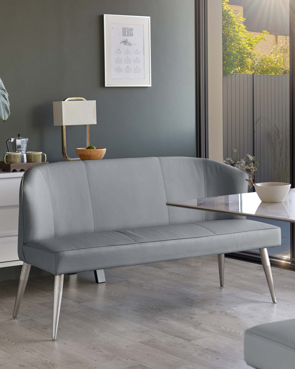 Mellow mid grey faux leather 3 seater dining bench with Backrest