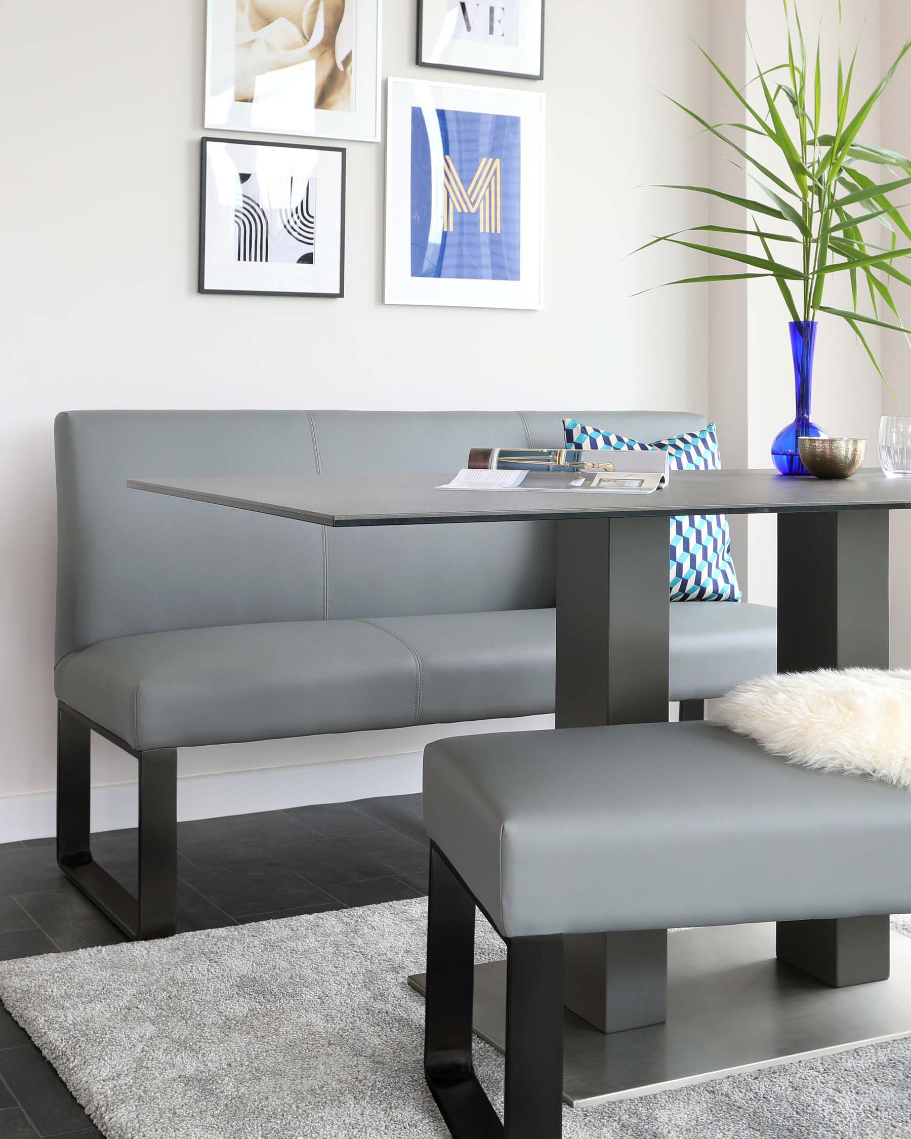 Loop Mid Grey Faux Leather & black leg 3 Seater Bench Without Backrest